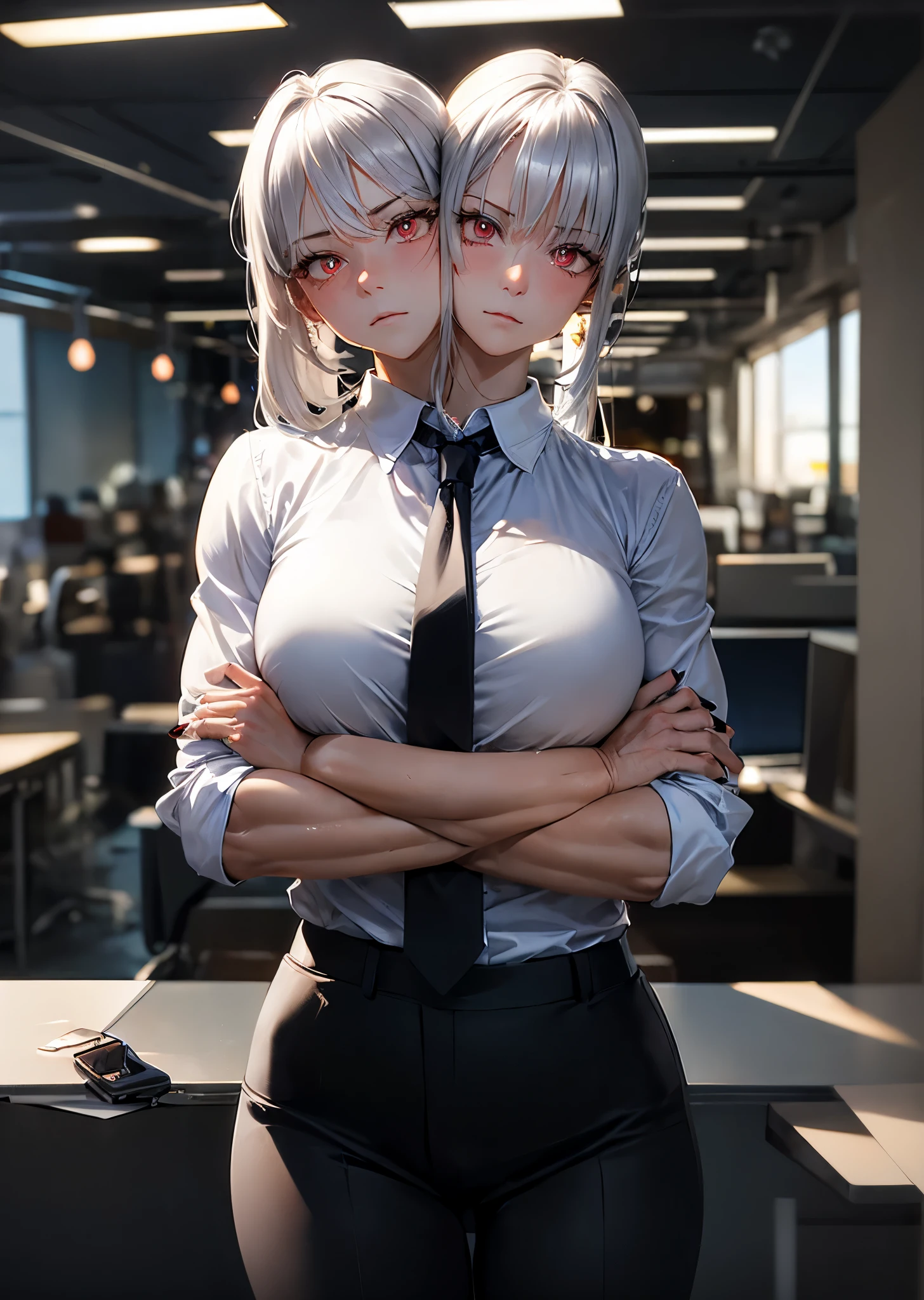 (2heads:1.1), 1girl, expressionless, closed mouth, crossed arms, long silver hair, ponytail, sidelocks, red eyes, glowing eyes, bright pupils, black suit, white collared shirt, necktie, black pants, office space, office interior, light shaft, light rays, cowboy shot, cyborg, (tan skin:1.1), black nails, muscular arms