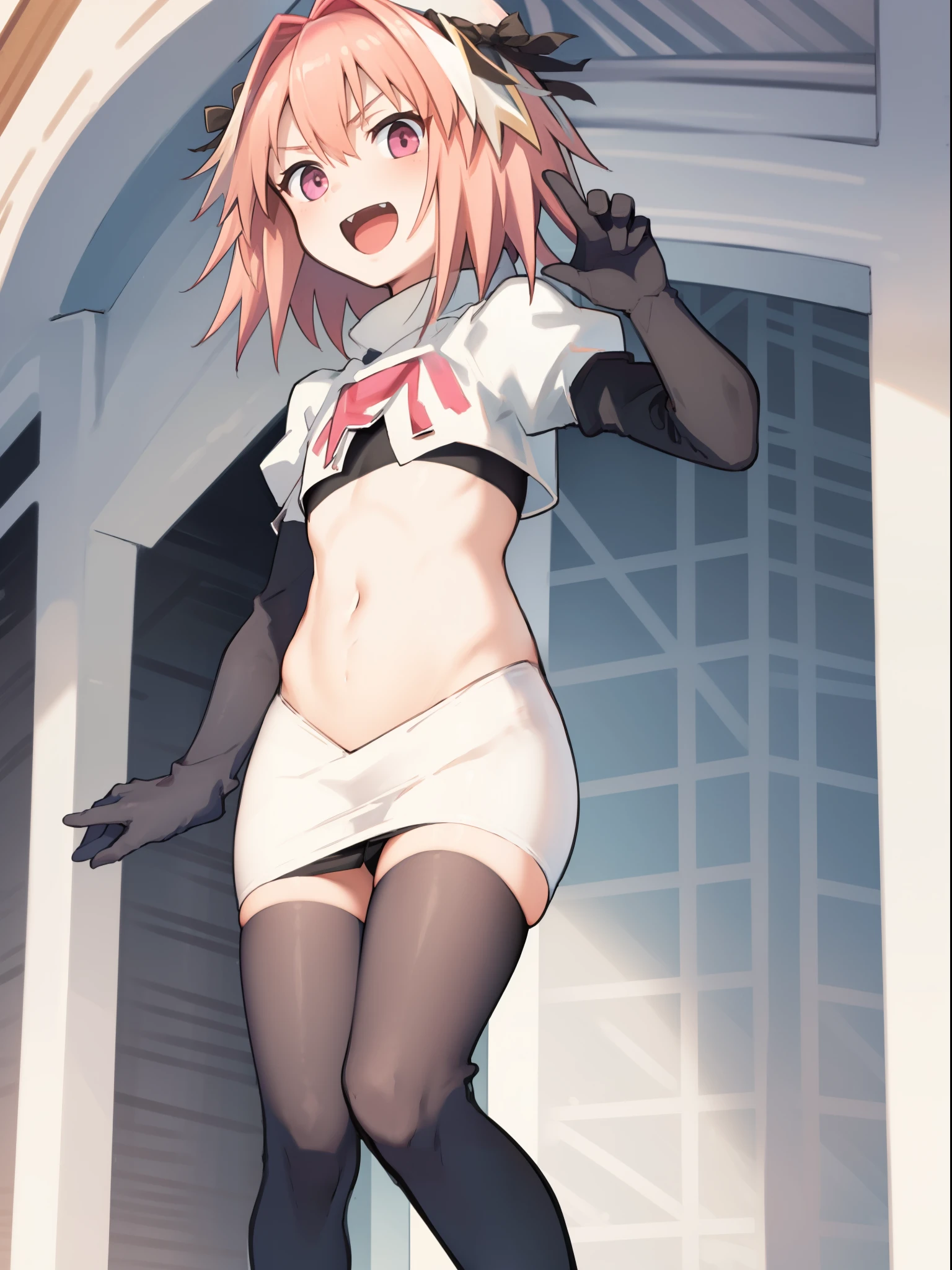 absurdres, masterpiece, best quality, (astolfo fate:1.2155), 1boy, male focus, trap, pink multicolored hair, pink hair, white hair, hair intakes, long hair, pink detailed eyes, crossdressing,1boy, team rocket,team rocket uniform, red letter R, white skirt,white crop top,black thigh-highs,black elbow gloves