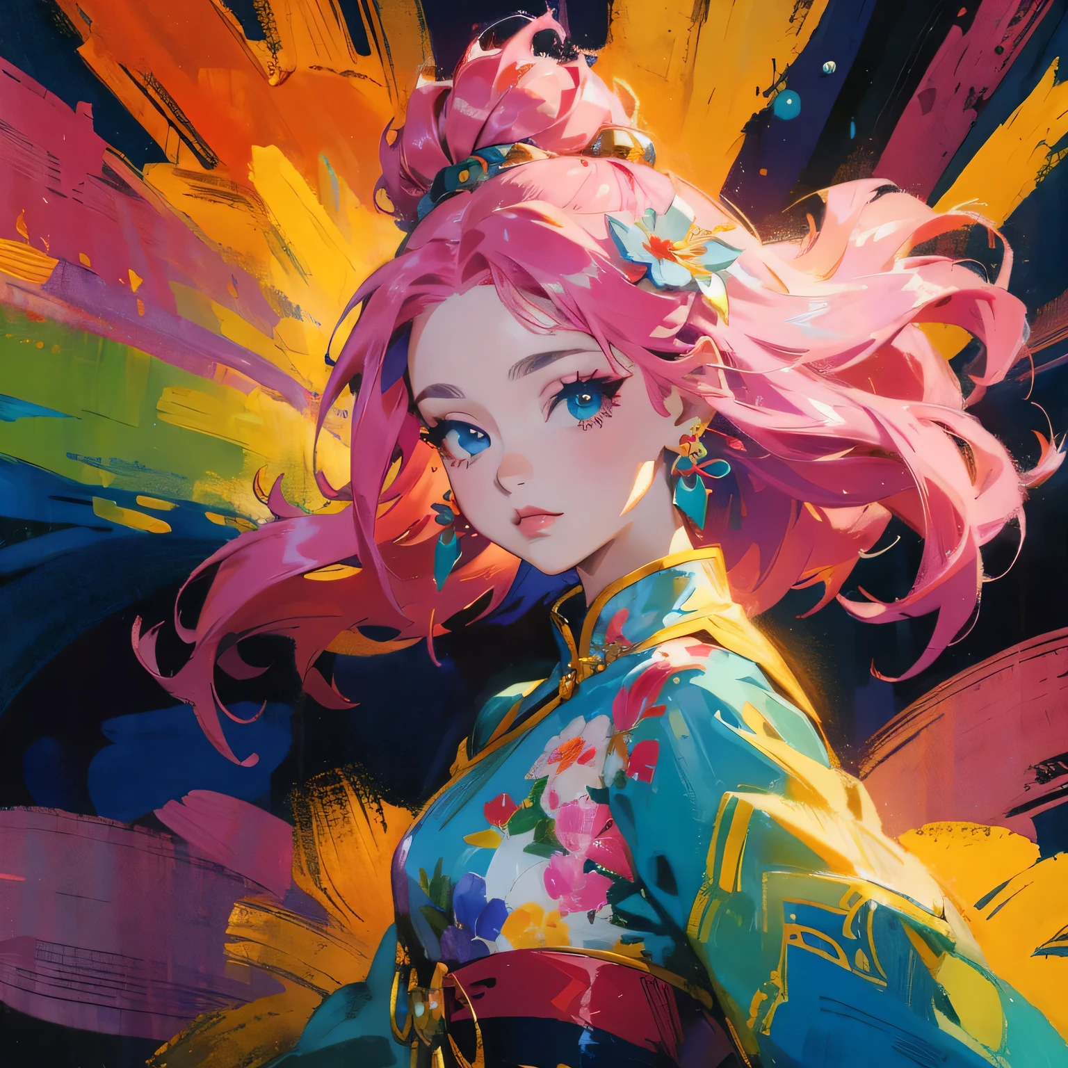 Close-up of a person with long hair and colorful hair, colorful braids, pink double-tailed hair and cyan eyes, anime style 4 K, beautiful anime style, anime girl with cosmic hair, anime art style, young anime girl, beautiful anime art style, anime style. 8k, long-haired anime girl, beautiful anime girl, beautiful anime portrait (masterpiece, top quality, best quality, official art, beauty and aesthetic: 1.2), (1girl: 1.3), very detailed, (fractal art: 1.1), (color: 1.1) (flowers: 1.3), most detailed, (zentangle: 1.2), (dynamic pose), (abstract background: 1.3), ( Chinese dress:1.2), (shiny skin), (many colors:1.4), ,(earrings:1.4),