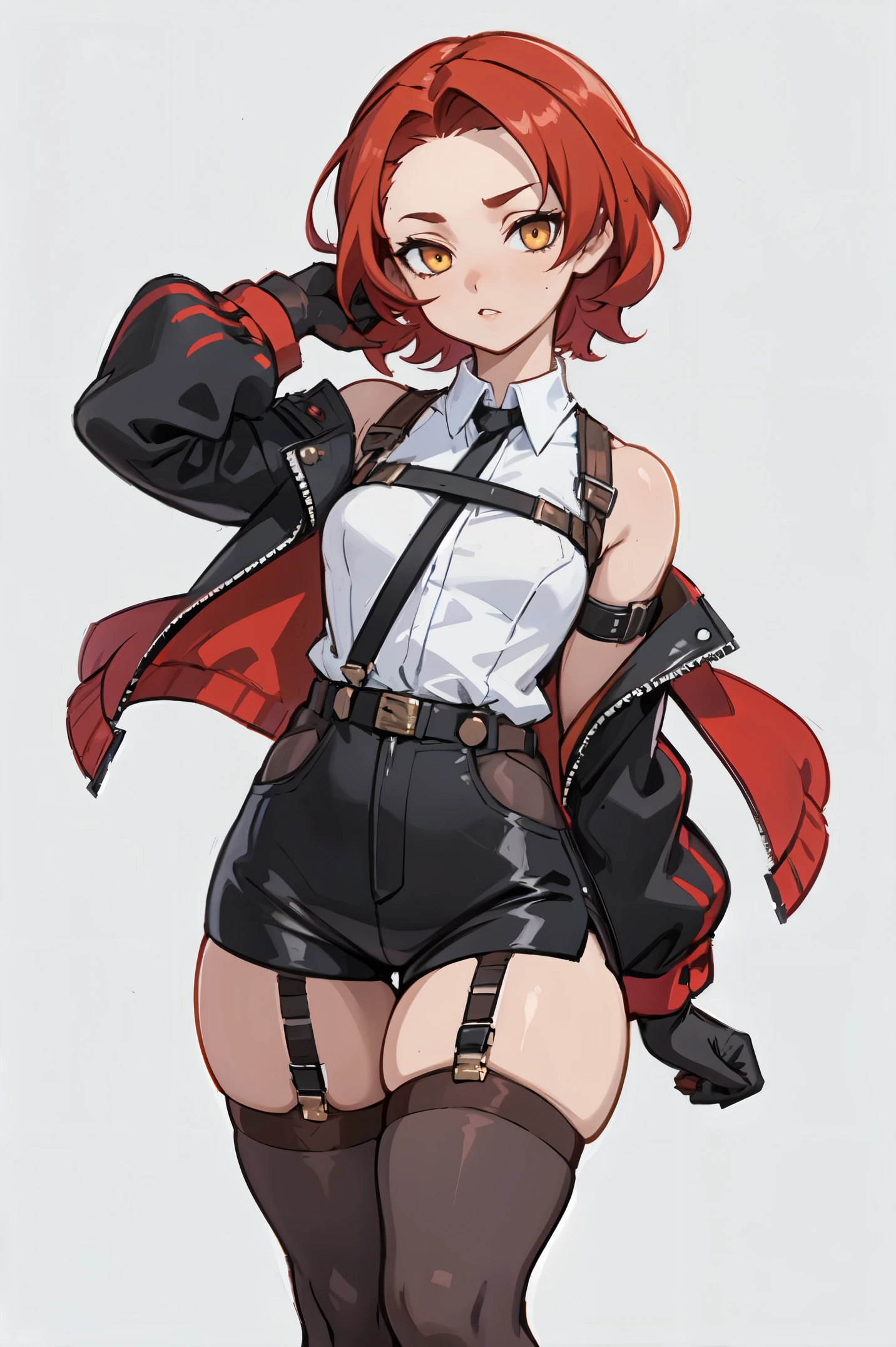 1girl, young woman, solo, short hair, Small  hair, (forehead:1.2), yellow eyes, sharp ocular posture, (scarlet red hair), light brown skin tone, Athletic, muscular, medium breasts, (cropped jacket, black jacket), white shirt, collared shirt, (chest harness, shoulder strap:1.15), black leather shorts, pantyhose 7/8, garter belt, gloves, elegant, looking at viewer, grey background, masterpiece, best quality, 4k