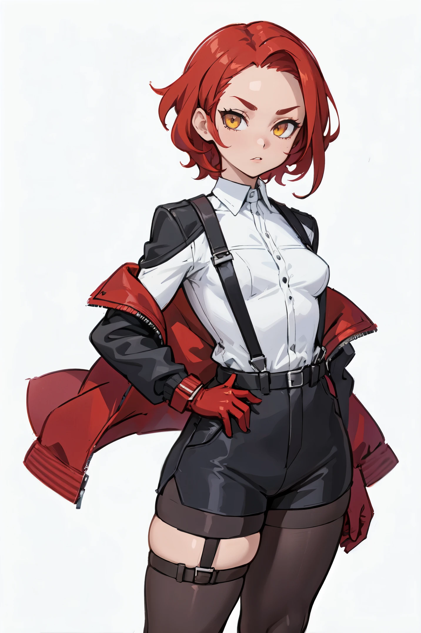 1girl, young woman, solo, short hair, Small hair, (forehead:1.2), yellow eyes, sharp ocular posture, (scarlet red hair), light brown skin tone, Athletic, muscular, medium , (cropped jacket, black jacket), white shirt, collared shirt, (chest harness, shoulder strap:1.15), black leather shorts, pantyho8, garter belt, gloves, elegant, looking at viewer, grey background, masterpiece, best quality, 4k
