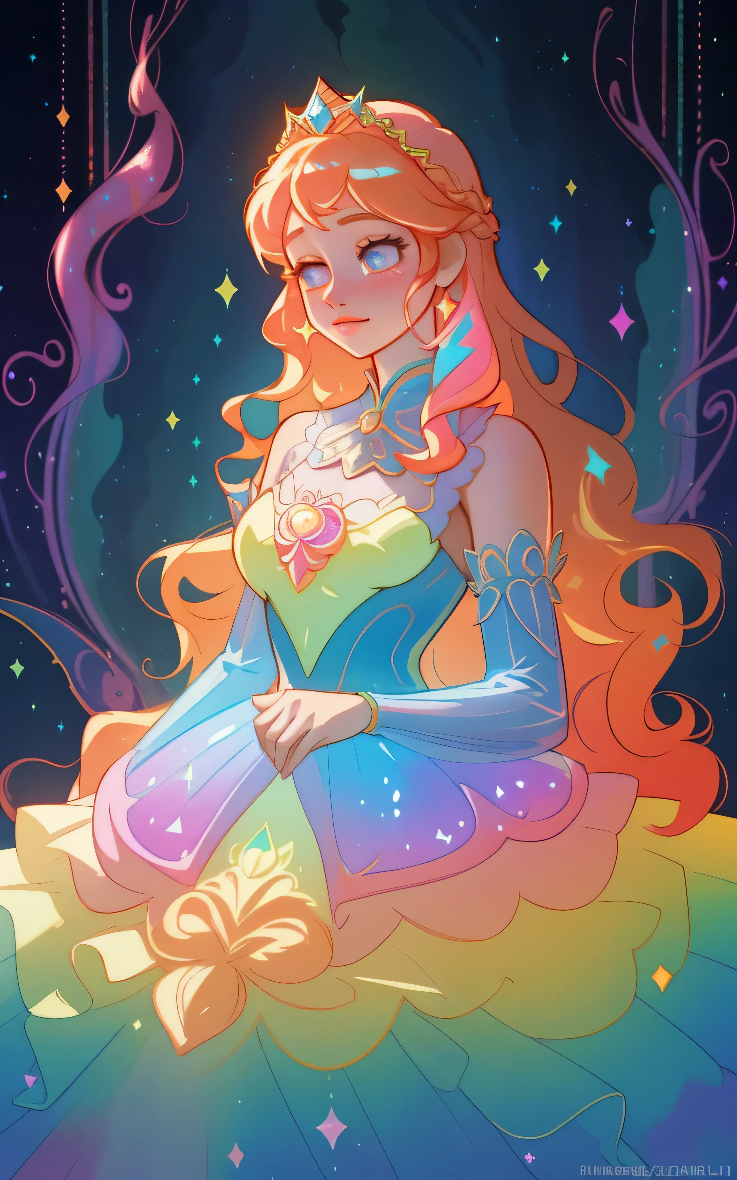 A BEAUTY, A STRAWBERRY BLONDE PRINCESS A beautiful girl, puffy tiered rainbow ballgown, princess, intricate dress design, vibrant pastel colors, (colorful), long wavy hair, magical lights, sparkling magical liquid, inspired by Glen Keane, inspired by Lois van Baarle, disney art style, by Lois van Baarle, glowing aura around her, by Glen Keane, jen bartel, glowing lights! digital painting, flowing glowing hair, glowing flowing hair, beautiful digital illustration, fantasia background, whimsical, magical, fantasy, ((masterpiece, best quality)), intricate details, highly detailed, sharp focus, 8k resolution, sparkling detailed eyes, liquid watercolor 88K
