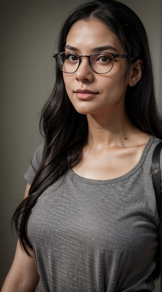 a woman wearing glasses and a gray shirt, wavy long black hair and glasses, roxie vizcarra-betty la fea merged, entire body visible, full body, hyperrealistic, real human skin, best quality, 8K, masterpiece, extremely intricate, detailed eyes, detailed face, detailed body, exaggerated features, pronounced features, fujifilm