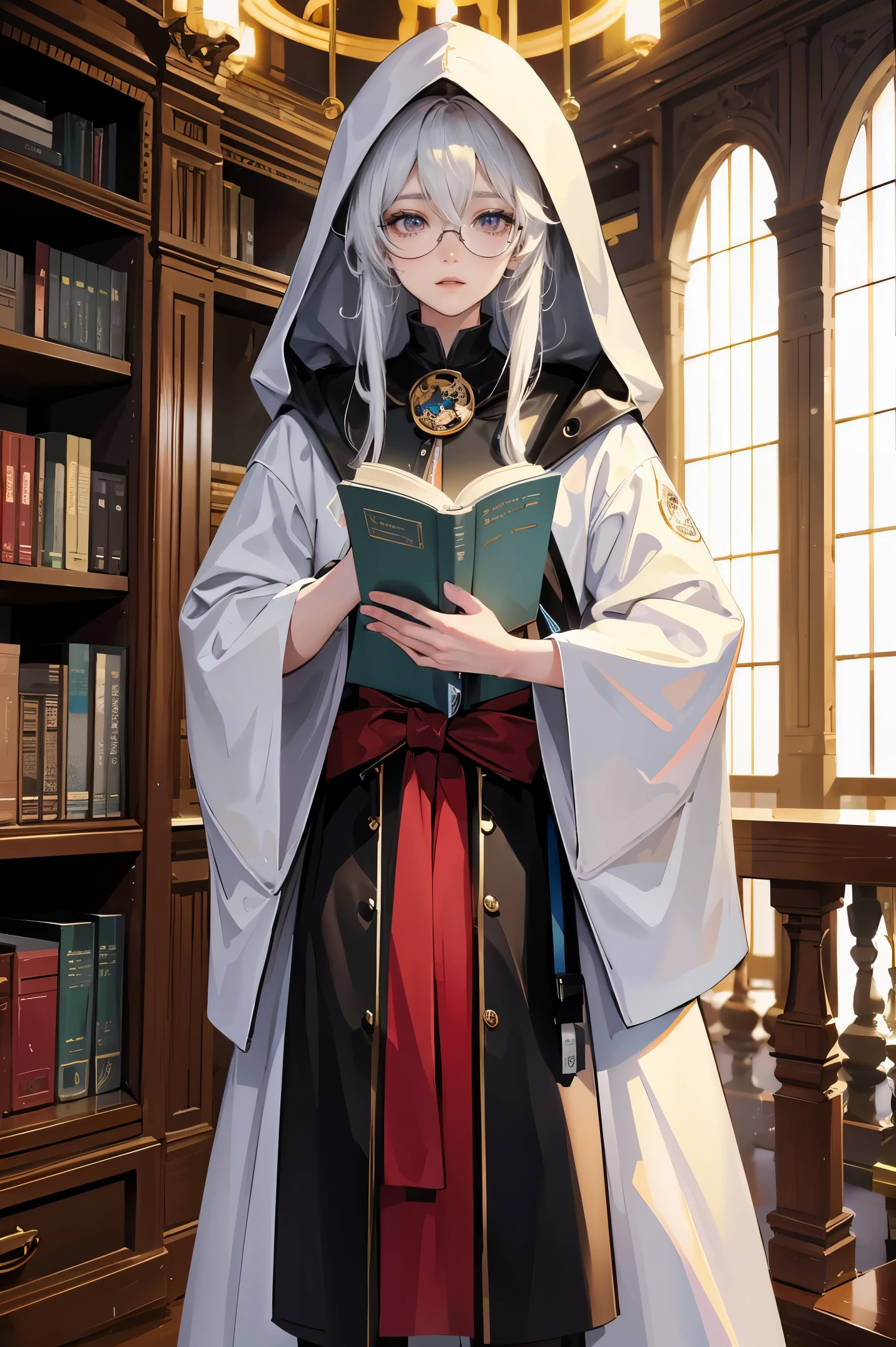 ((woman with long gray hair with two ponytails and red eyes))((chubby)),((with round glasses, standing with legs open in the form m)),((holding a book)),(( facing the spectator)),((giant breasts, naked breasts, with a transparent outfit)),((smiling face)),((in a biblical story of a haunted castle, at night)),