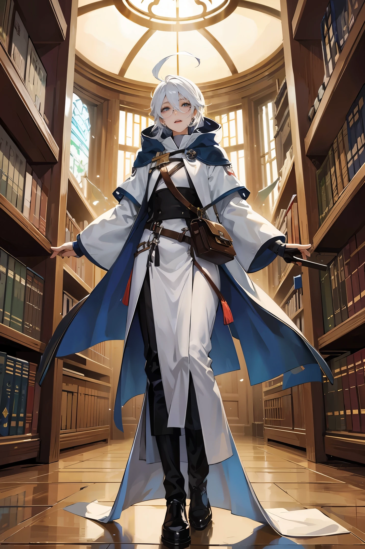 an androgynous hooded boy with long white hair stands inside a large library and holds an open book, the boy is wearing glasses, the library is lit by candles and filled with books stacked on the floor, with a large round window in the background showing the galaxy with a constellation, Perfect lips, symmetrical face, olhos realistas, pele de porcelana, HDR, UHD