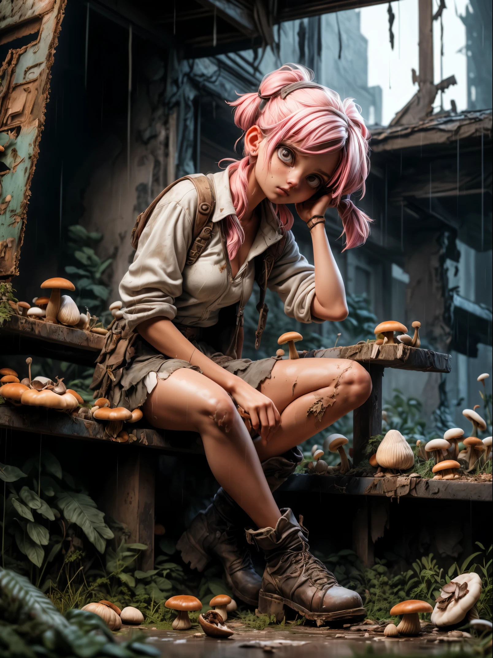 (masterpiece, best quality), close-up, Masterpiece in maximum 16K resolution, with a style reminiscent of “The Last of Us”, highlighting an atmosphere of terror, horror, and suspense. | Inside an abandoned and destroyed building, a 20-year-old young woman, wearing a white top, black pleated skirt, and brown leather boots, is amidst the ruin. Her short pink hair, with a generous fringe in front of her right eye and two pigtails, adds a distinctly defiant touch to her figure. In a desperate gaze and an expression of profound fear, she stares directly at the viewer, revealing the anguish of the nighttime environment under heavy rain. Destroyed, , and rusty structures, along with smashed machines and computers, a large table of rotten wood, walls filthy with dirt and blood, and ((large_and_rotten_mushrooms)) compose the scenery. The atmosphere of desolation is accentuated by the ((body_covered_in_decomposing_mushrooms)). | Three-dimensional composition, cinematic lighting. | A striking scene of a young woman in an abandoned building, immersed in the terror of a world in ruins. | {The camera is positioned very close to her, revealing her entire body as she adopts a extroverted_pose, interacting with and leaning on a structure in the scene in an exciting way} | ((perfect_pose)), She is adopting a ((extroverted_pose as interacts, boldly leaning on a structure, leaning back in an exciting way):1.3), ((full body)), (perfect_fingers:1.0), (perfect_legs:1.0), More_Detail, better_hands.