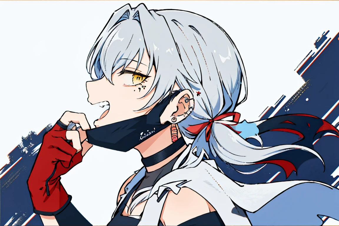 kizaki ren\(side-m\), solo, long hair, bangs, ribbon, hair ribbon, yellow eyes, low ponytail, grey hair, female focus, gloves, teeth, fingerless gloves, sleeveless, choker, bare shoulders, looking at viewer, smile, open mouth, from side, mask, piercing, ring, ear piercing, bandaid,  background, watch, mouth mask, wristwatch, stud earrings, vampire, halftone, mask pull, 1girl