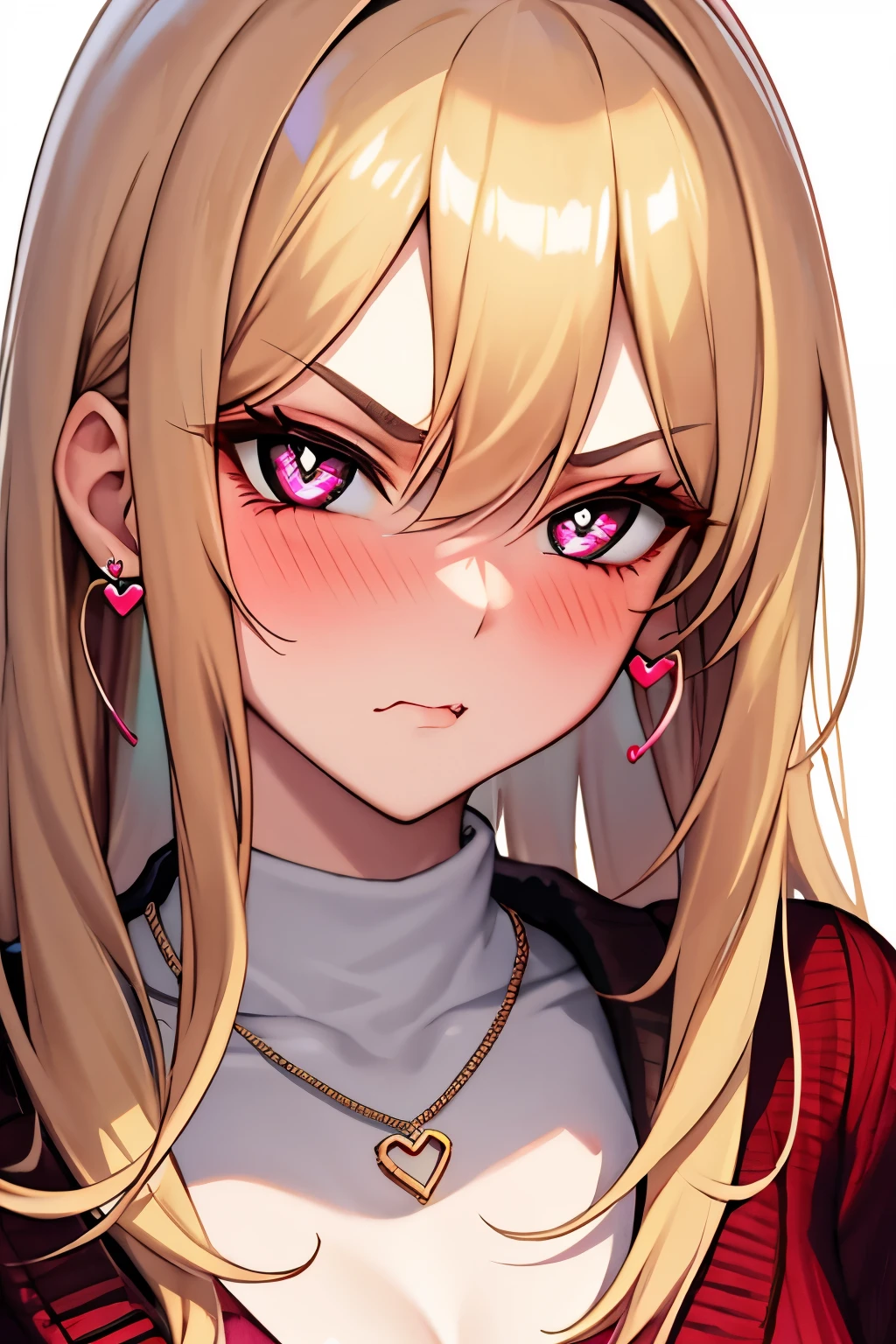 1girl, solo, long hair, blonde hair, looking at viewer, blushed, reddish face, pouting, angry, wearing sweater, close up, heart shaped necklace, (heart shaped pupils), heart earrings