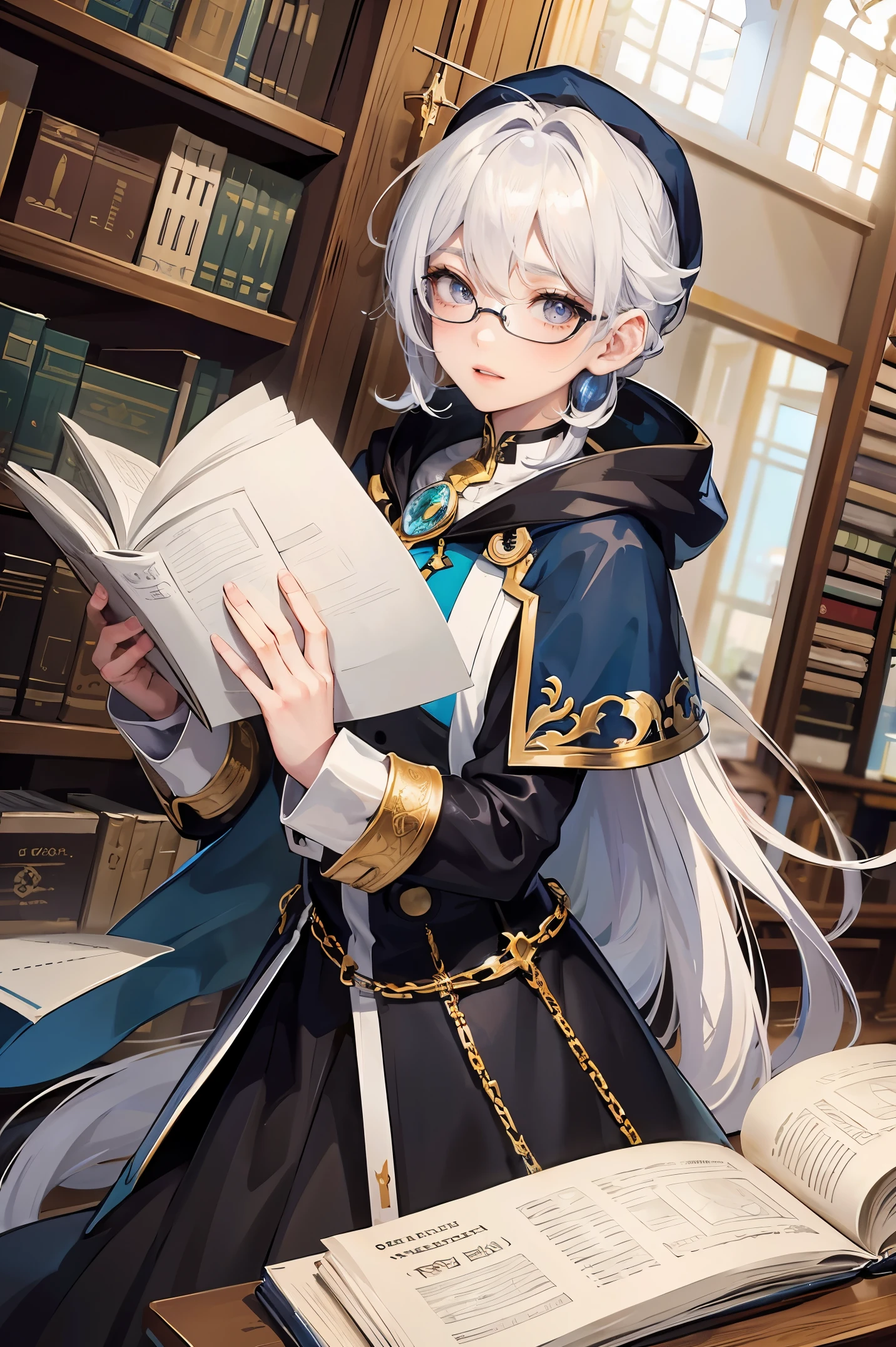an androgynous hooded boy with long white hair stands inside a large library and holds an open book, the boy is wearing glasses, the library is lit by candles and filled with books stacked on the floor, with a large round window in the background showing the galaxy with a constellation, Perfect lips, symmetrical face, olhos realistas, pele de porcelana, HDR, UHD