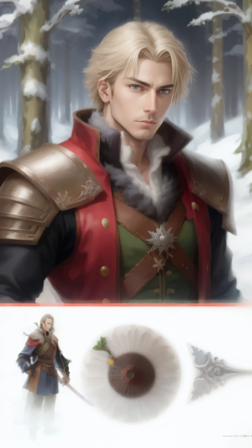 Close-up of a man with a sword in a snowy forest, official Fan art, hold sword in the forest, full color digital illustration, key anime art, official arts, official arts work, casimir art, A masterpice , key art, high detailed official artswork, high quality Fan art, anime in fantasy style, frozen klaus film, highly detailed exquisite Fan art, Fan art