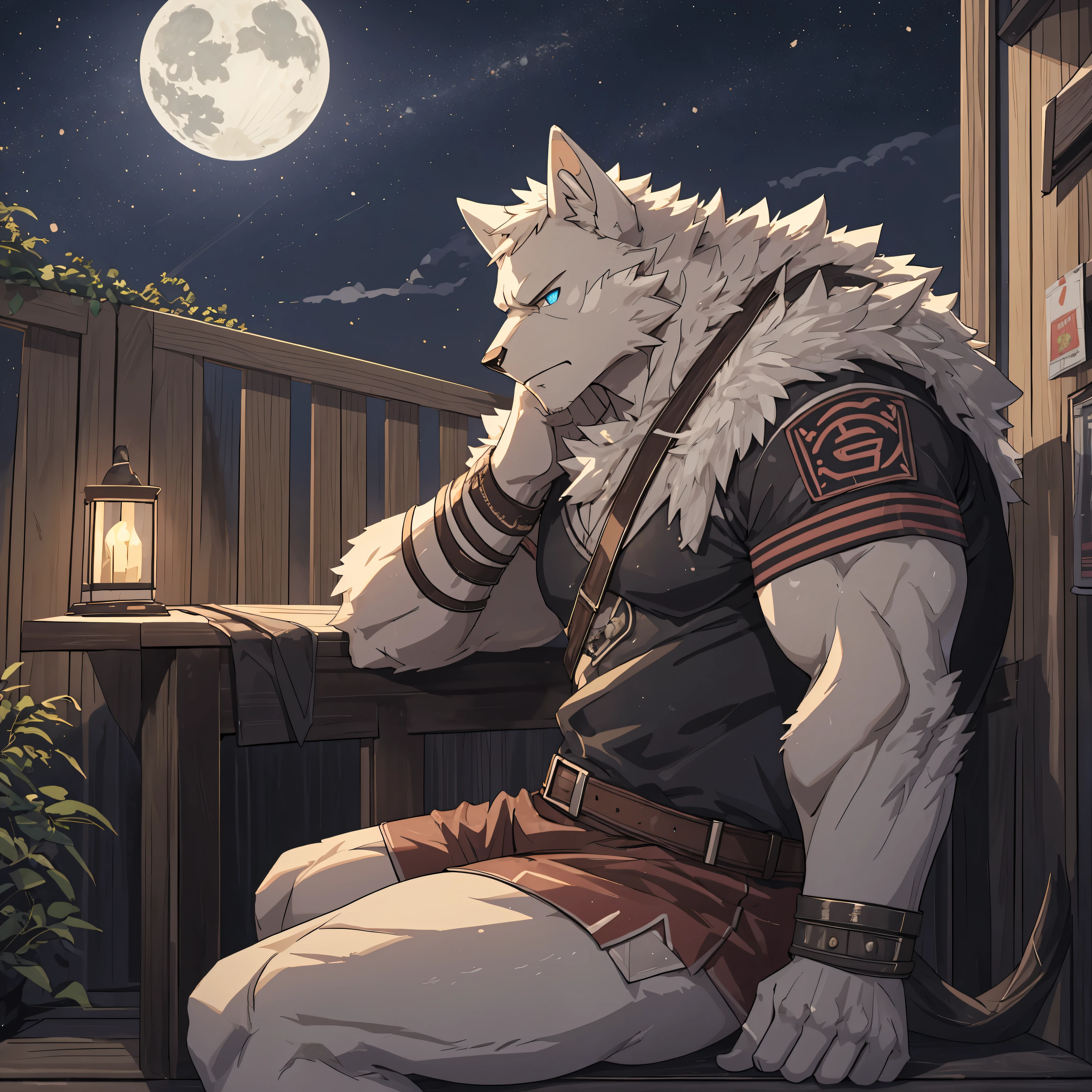 White Wolf Orcs,Pure white fur,Strong body,Eyes with black background and blue pupils,Casual wear background: the night,he is sitting on the roof,tas'It was pitch black all around'There is no light,He looked frustrated