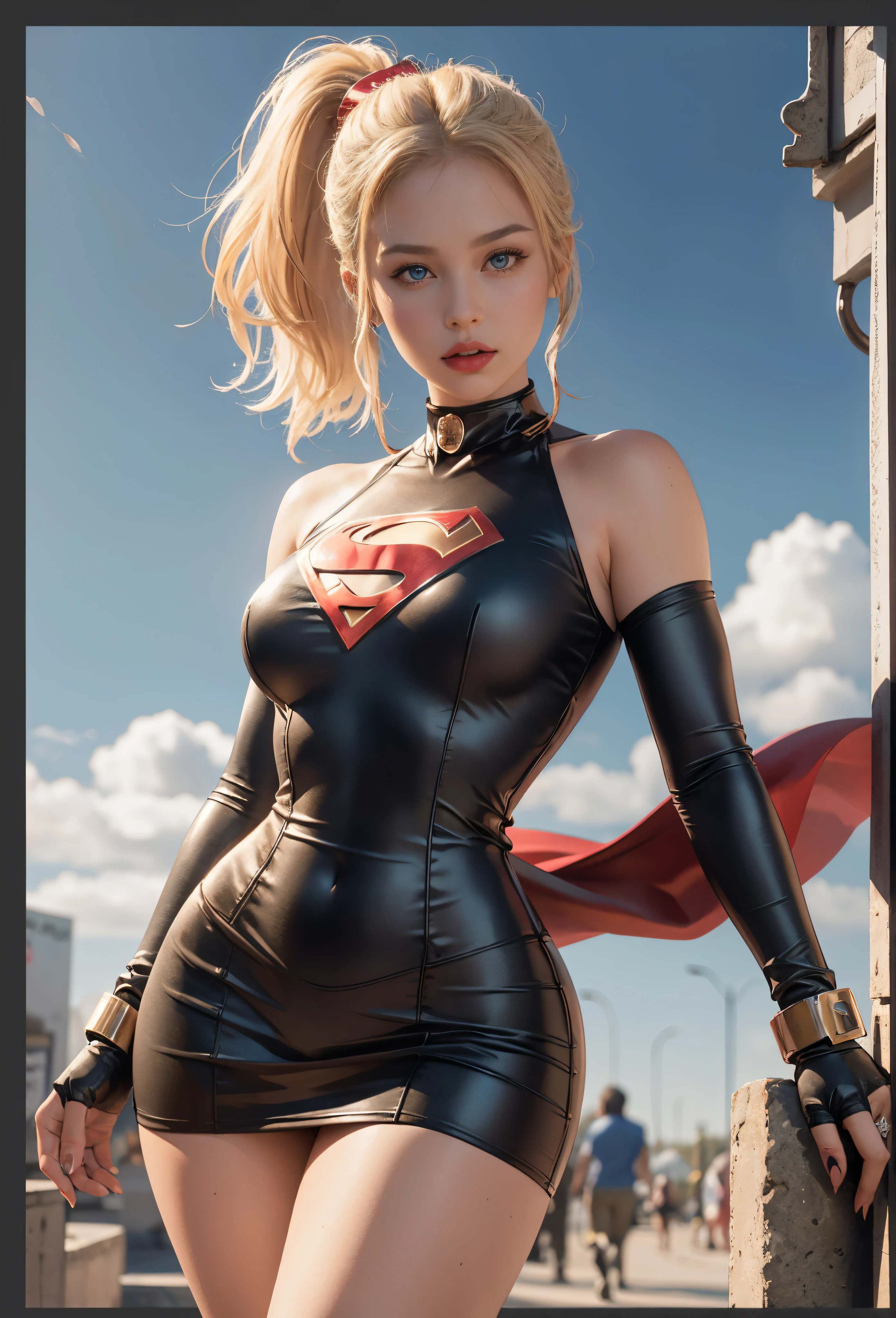 4k, realistic, charismatic, very detailed, there is a girl in the sky, dressed in a super girl costume, she is a super girl, superhero theme, blonde short hair, ponytail, 20 years, full body, (detail in the eyes), (detail in the face), incredibly beautiful, blue eyes, blush, makeup, red lipstick, miniskirt, (wide hips), (thick thighs), small breasts, dress,, seductive pose, (extreme hourglass figure), thin, svelte, white skirt, boots, tight t-shirt