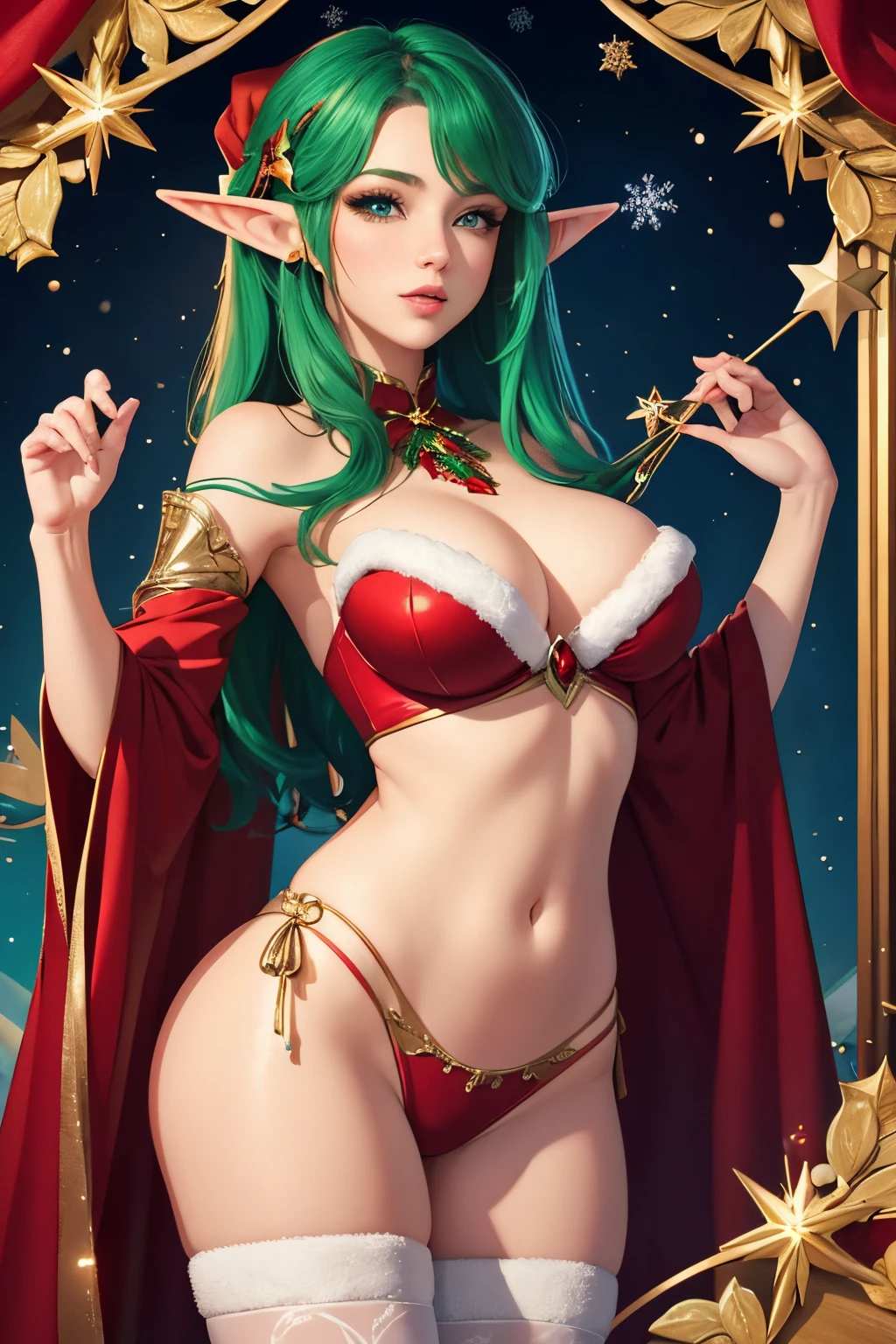A sexy elf with a cute face is portrayed in this prompt. The elf is depicted with alluring and provocative features, including seductive eyes, full lips, and a mesmerizing expression. The elf is dressed in a revealing outfit that accentuates her curves and adds an element of intrigue. The environment surrounding the elf is adorned with Christmas-themed elements, such as a decorative frame resembling a Christmas card. The background is filled with soft and matte colors, creating a dreamy and enchanting atmosphere. To emphasize the holiday spirit, the prompt also includes the addition of the text "Happy Holidays," written in a playful and decorative style. The overall image exudes sensuality, charm, and celebration, perfect for a festive and alluring Christmas card. We also aim for the best quality in terms of image resolution, with the usage of 4K or 8K resolution, ensuring ultra-detailed and realistic results. The prompt incorporates vivid colors, professional lighting, and extreme attention to detail, resulting in a masterpiece that captures the essence of the sexy elf and the joyous holiday season.