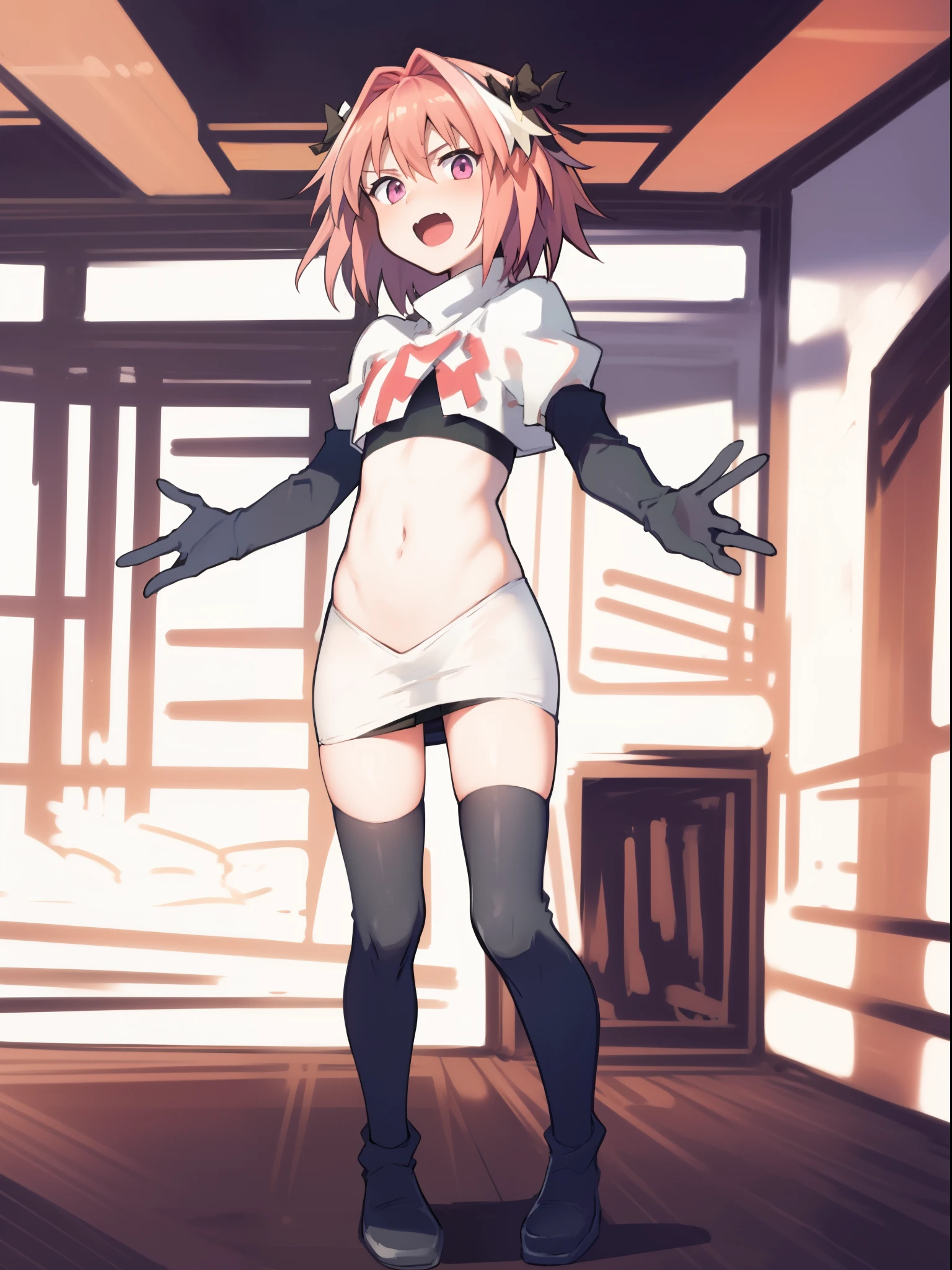absurdres, masterpiece, best quality, (astolfo fate:1.2155), 1boy, male focus, trap, pink multicolored hair, pink hair, white hair, hair intakes, long hair, pink detailed eyes, crossdressing,1boy, team rocket,team rocket uniform, red letter R, white skirt,white crop top,black thigh-highs,black elbow gloves