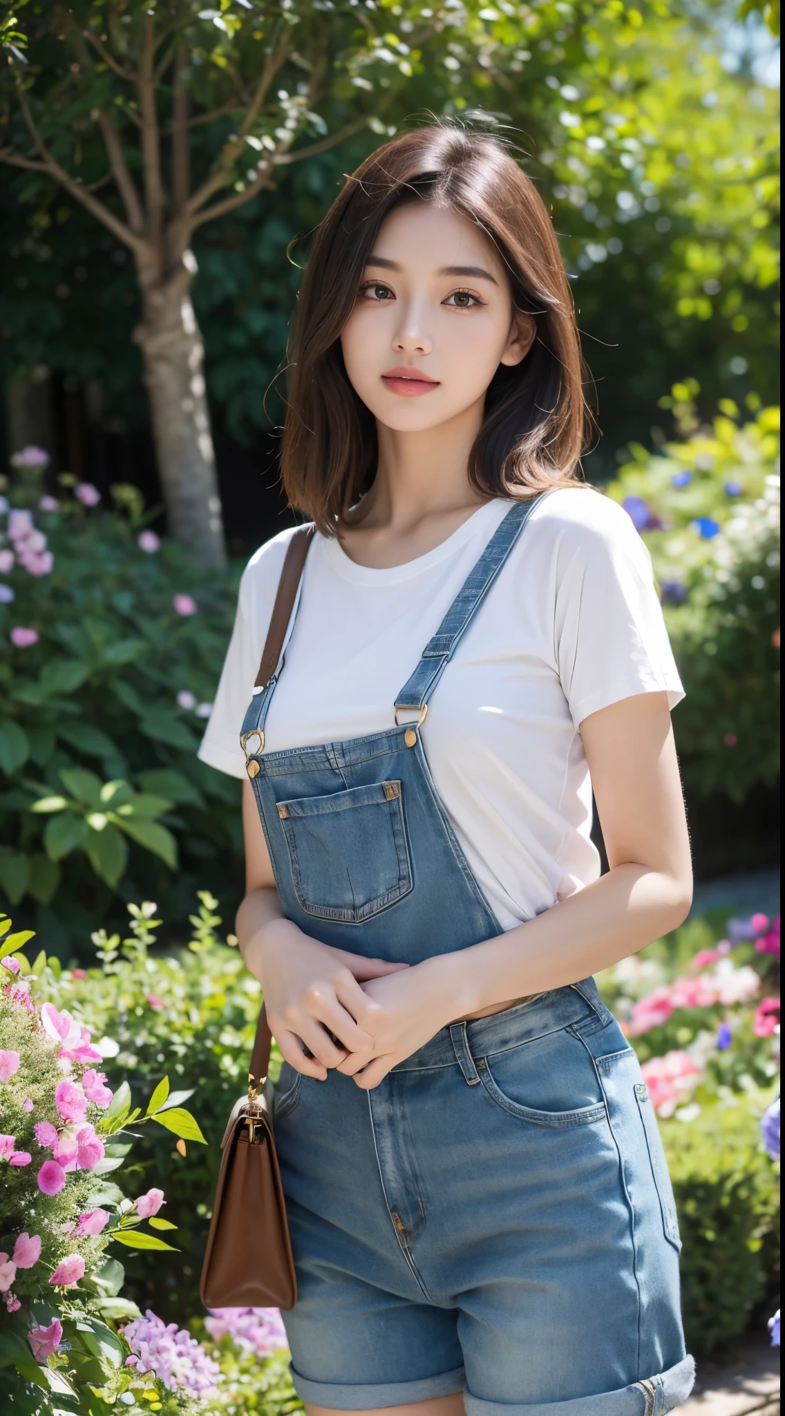 (best quality, 4k, highres, masterpiece:1.2), ultra-detailed, realistic:1.37, beautiful detailed eyes, beautiful detailed lips, extremely detailed eyes and face, long eyelashes, girl with a confident expression, standing in a vibrant garden, surrounded by colorful flowers and lush greenery. The girl is wearing a stylish t-shirt and short pants, carrying a fashionable handbag. The sunlight gently kisses her skin, casting soft shadows and creating a warm atmosphere. The image has a surreal and dreamlike quality, combining elements of portrait and landscape photography. The colors are vibrant and saturated, evoking a sense of joy and vitality. The lighting is natural and soft, with a slight golden hue, enhancing the overall beauty of the scene.