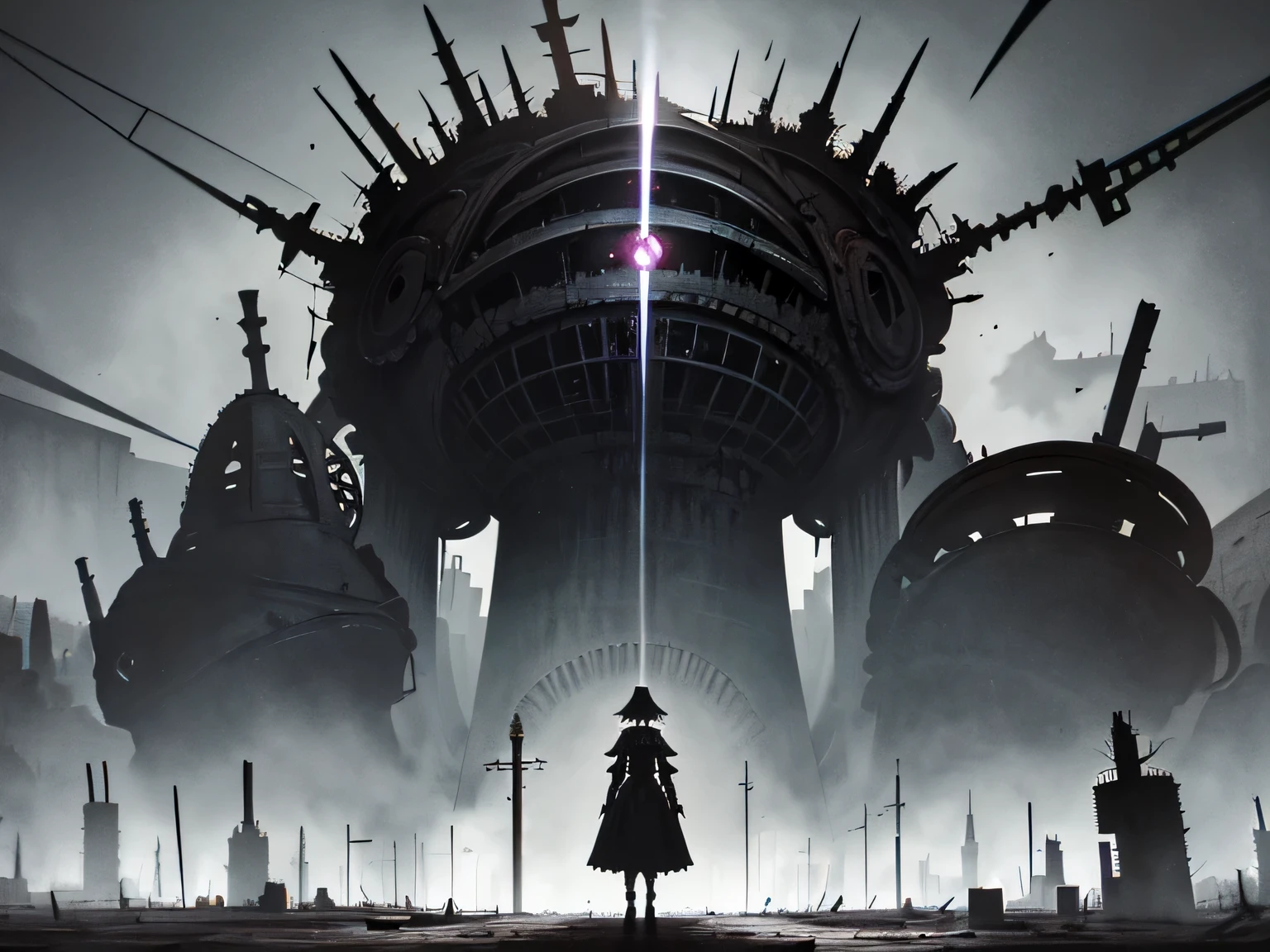 horror art, A gloomy world, Dark Fantasy, full-length portrait, Character Sheet, Automaton Girl, (dark brown skin), sharp white helmet, dark mechanisms, massive rings, massive needle, a lot of black liquid, Distortion, abandoned world, (highly detailed abandoned medieval cityscape), grey mist