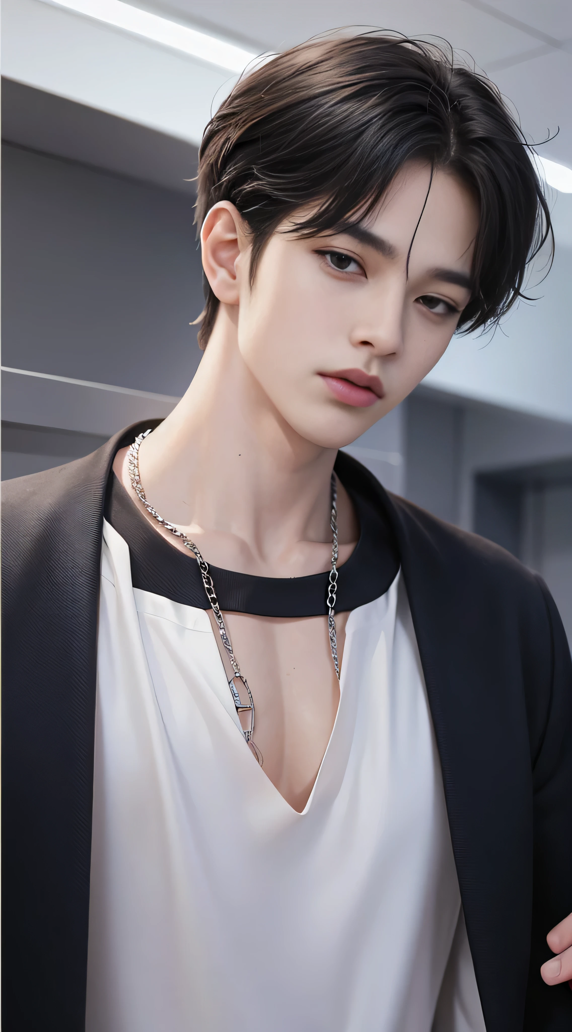 ((Black hair)),((Bad Boy)),((ulzzangs)),((Handsome)),((1man)),((Sensual eyes)),((Man's)),((Wolf Cut Hairstyle)),((Center)),((8K resolution)),((Perfect hands)),((Model)),((Pose)),((sony a7 mark 3)),((Lens 50mm)),((White Studio))