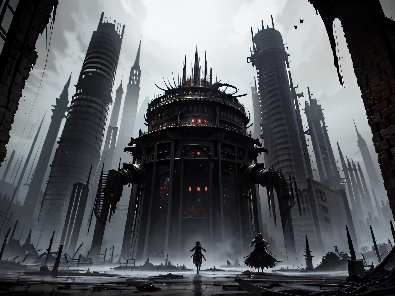 horror art, A gloomy world, Dark Fantasy, full-length portrait, Character Sheet, Automaton Girl, (dark brown skin), sharp white helmet, dark mechanisms, massive rings, massive needle, a lot of black liquid, Distortion, abandoned world, (highly detailed abandoned medieval cityscape), grey mist