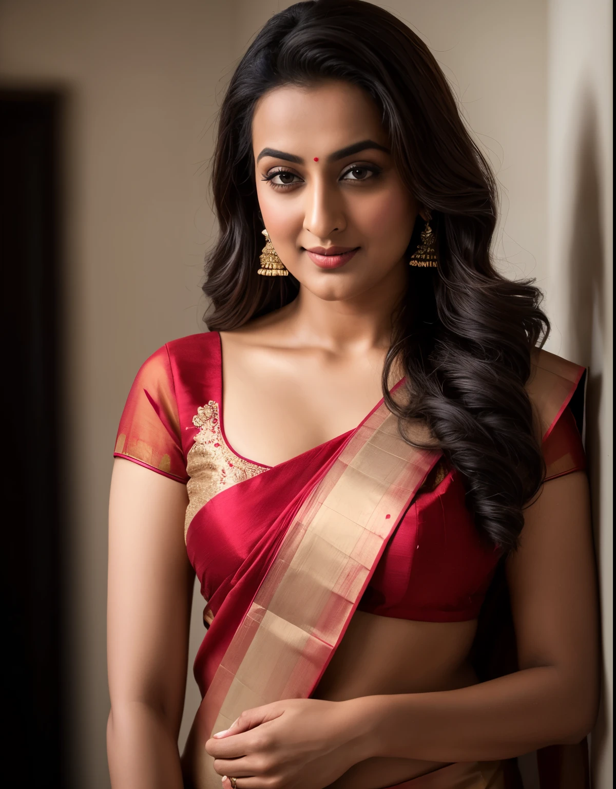 Foto RAW, photorealistic, photography, full body shot, master shot, perfect eyes, goddess like beauty, perfect thick chubby mallu Desi aunty bhabhi, Wearing a Stanapatta, a chest-band.Saree model, model Photography, Indian saree shoot, Indian traditional wear advertising photography, traditional wear brand shoot, face of Indian actress Sonakshi Sinha, masterpiece, realistic, realism, incredible details, pleasure, photorealism, detailed skin, skin pores, high contrast, photorealistic Artstation 8k HD digital art trend of high definition and detailed realistic skin texture, ultra detail, realistic skin texture, armature, best quality, ultra high definition, (photorealistic:1.4),, high resolution, detail, raw photo, Re sharp, by Lee Jefferies Nikon D850 Film Stock Photo 4 Kodak Portra 400 Camera F1.6 Lens Rich Color Ultra Real Realistic Realistic Textures Dramatic Lighting Unreal Engine Trending at Art Station Cinestill 800,(pele altamente detalhada: 1.2), 8k UHD, DSLR, soft-lighting, alta qualidade, grain of film, Fujifilm XT3,she didn't like to wear blouse or bra, she happy to wear only saree, she hates blouse or bra, detailed hairy armpits,