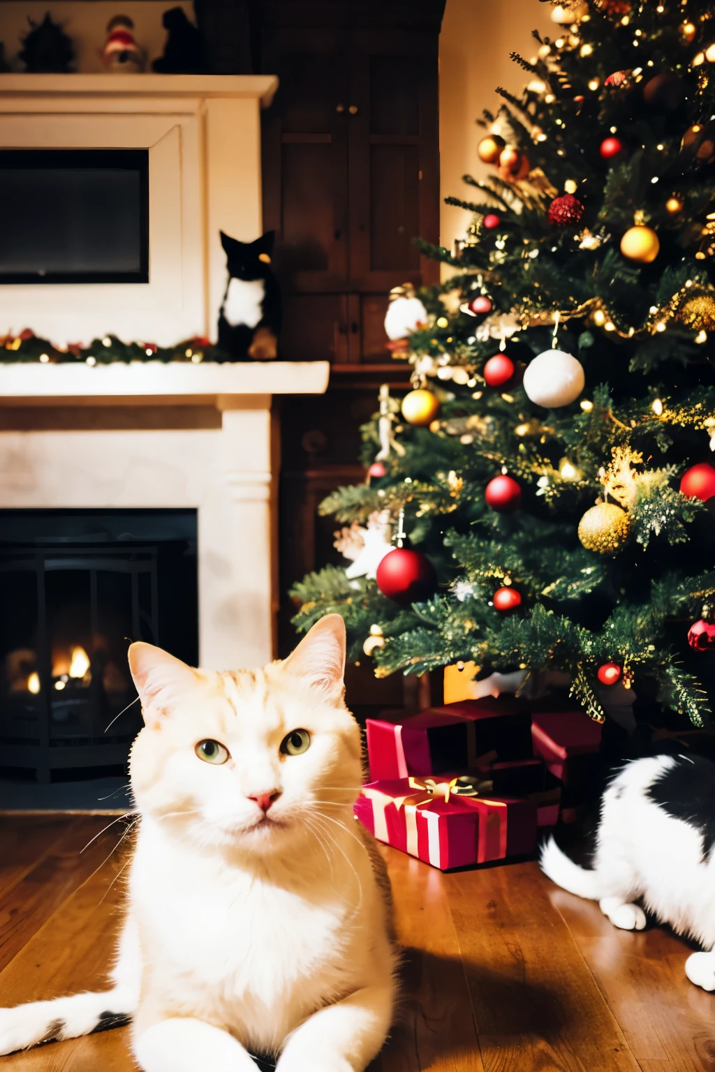 sit in front of the christmas tree、black cat and white cat
