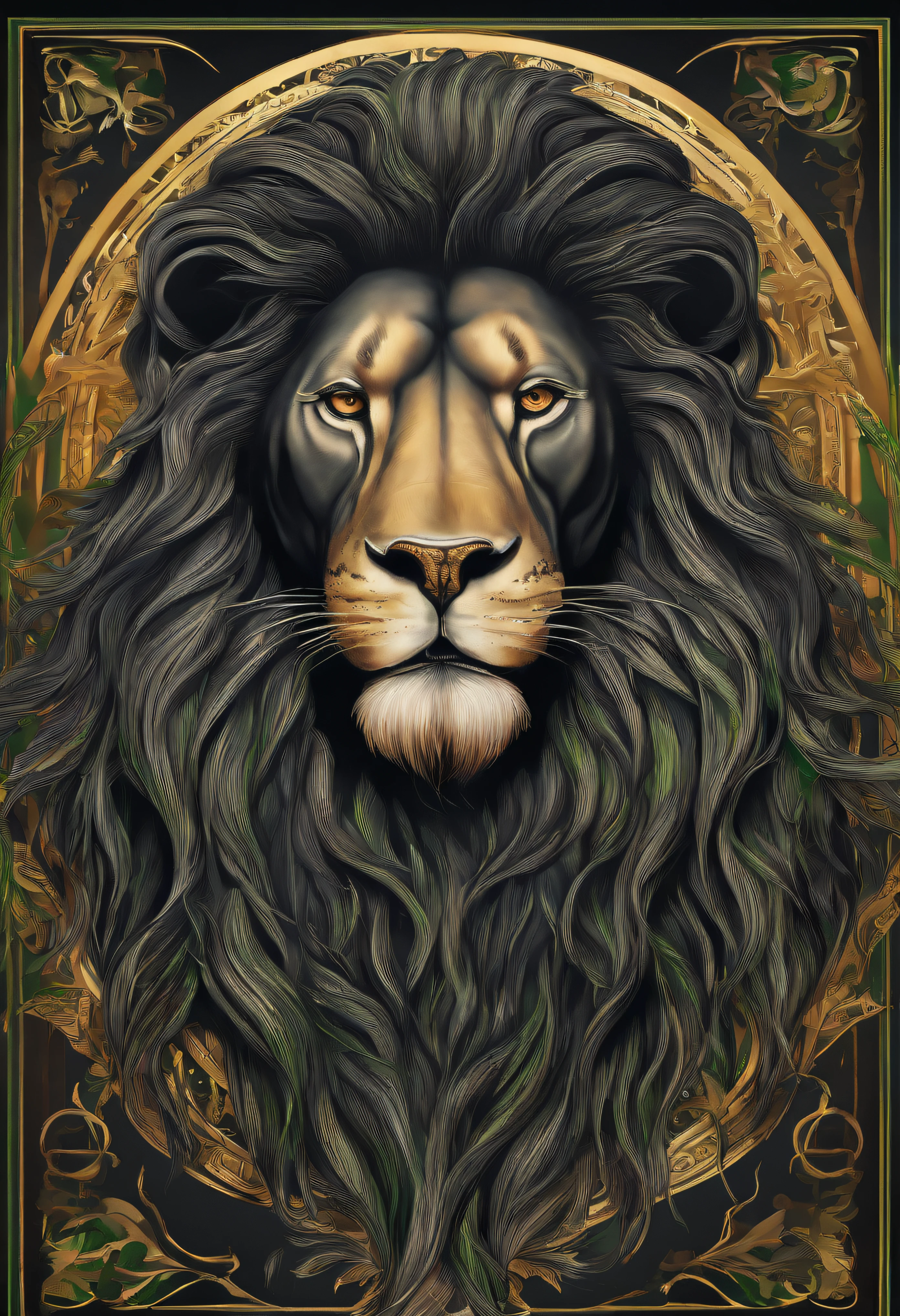 a completely black lion, mas muito preto, com olhos verdes, cabelos dreadlocks, roaring under a starry sky in the colors of reggae