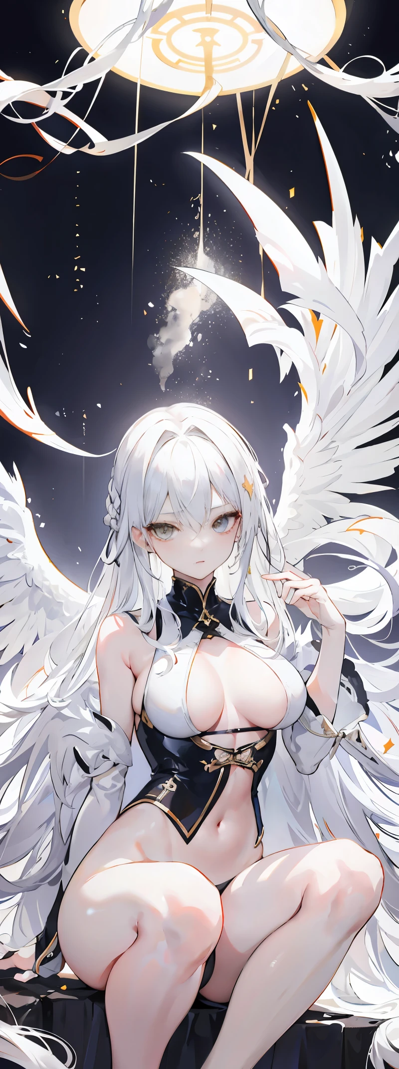 light skin color, white hair color long hair, Bigchest, 1:70, With your back to the camera,sexy for,Nero,White wings, angelicales跪着, Overhead halo, yellow eyes, sexy for姿势, angelicales, 26 year old, angelicales标记, Obsessed,hyper HD, White hair, eBlue eyes, Mother and daughter.Squat down and open your legs