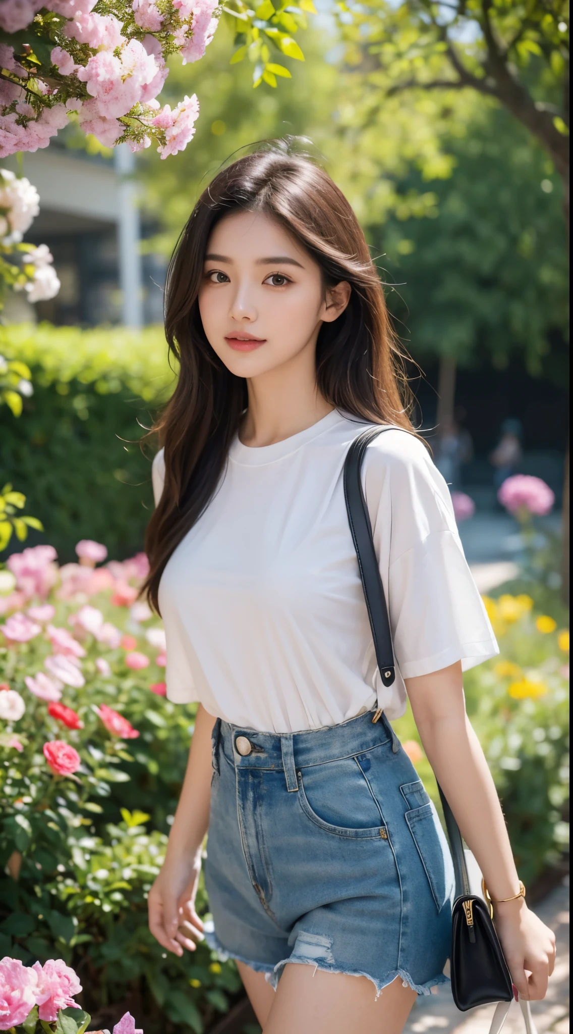 (best quality, 4k, highres, masterpiece:1.2), ultra-detailed, realistic:1.37, beautiful detailed eyes, beautiful detailed lips, extremely detailed eyes and face, long eyelashes, girl with a confident expression, standing in a vibrant garden, surrounded by colorful flowers and lush greenery. The girl is wearing a stylish t-shirt and short pants, carrying a fashionable handbag. The sunlight gently kisses her skin, casting soft shadows and creating a warm atmosphere. The image has a surreal and dreamlike quality, combining elements of portrait and landscape photography. The colors are vibrant and saturated, evoking a sense of joy and vitality. The lighting is natural and soft, with a slight golden hue, enhancing the overall beauty of the scene.