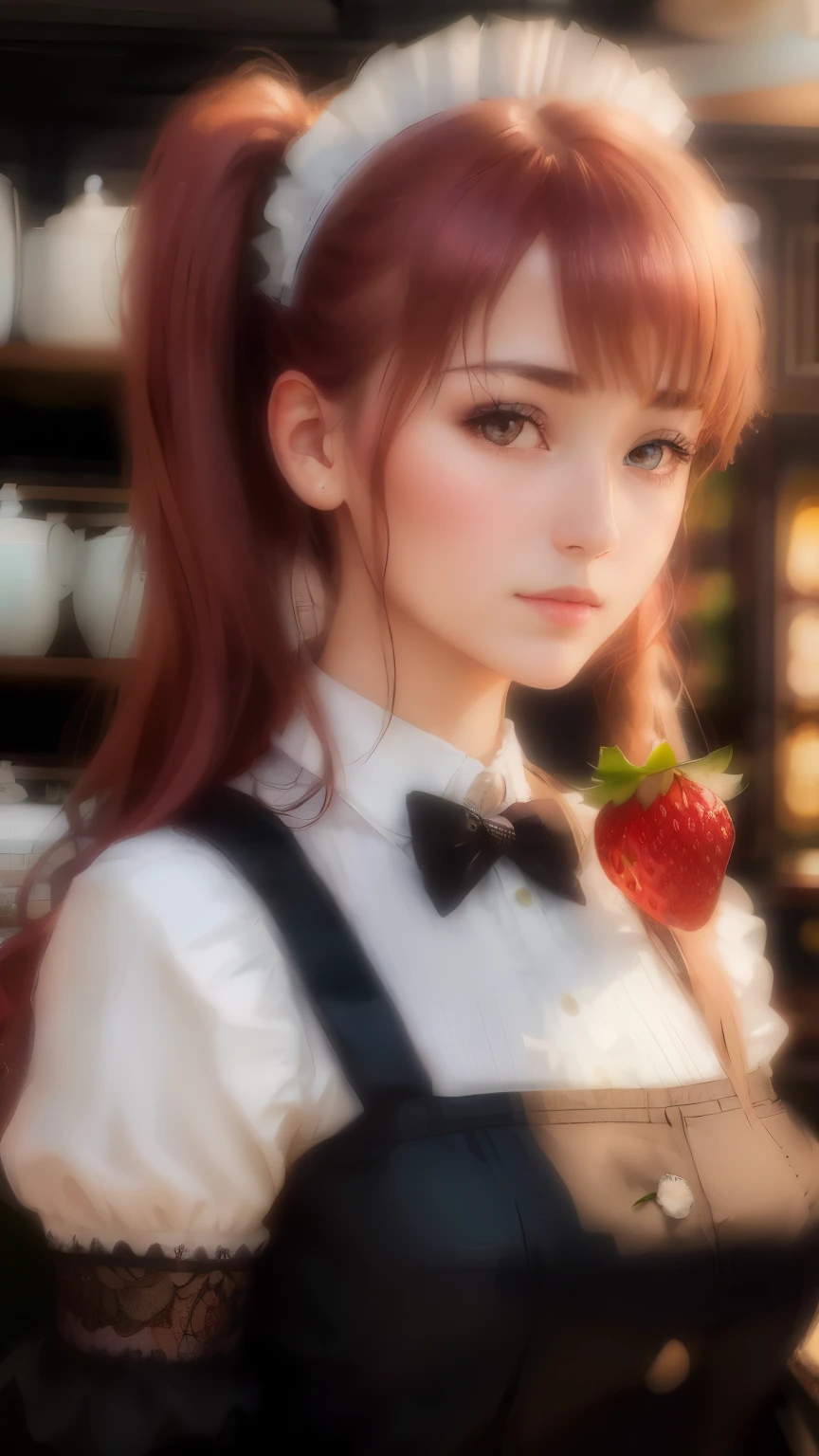 (best quality, ultra-detailed, highres, masterpiece:1.2), (realistic, photo-realistic:1.37), HDR, studio lighting, sharp focus, extreme detail description, professional, vivid colors, promotional photo, The place is a coffee shop, 1 girl, 16-year-old face, Waitress carries cake to the table, Red-haired twin tails, gentle face, a Gothic Lolita half-costume and a maid costume depicting strawberries, Clothes based on white color,
