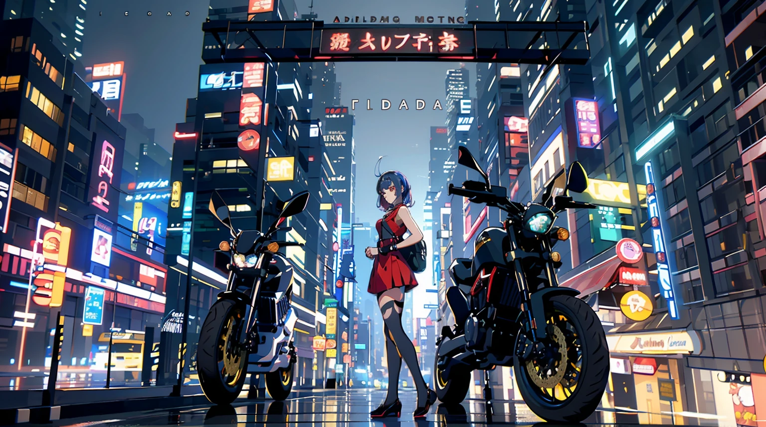 A mais alta qualidade de imagem, Detalhe excepcional, ultra-high resolution, (Fidelidade: 1.4), best illustration, favor details, 1girl altamente condensado, com um rosto delicado e bonito, vestido de mecha preto e vermelho, usando um capacete mecha, holding a steering controller, andar de moto, the background is a high-tech lighting scene of the future city.