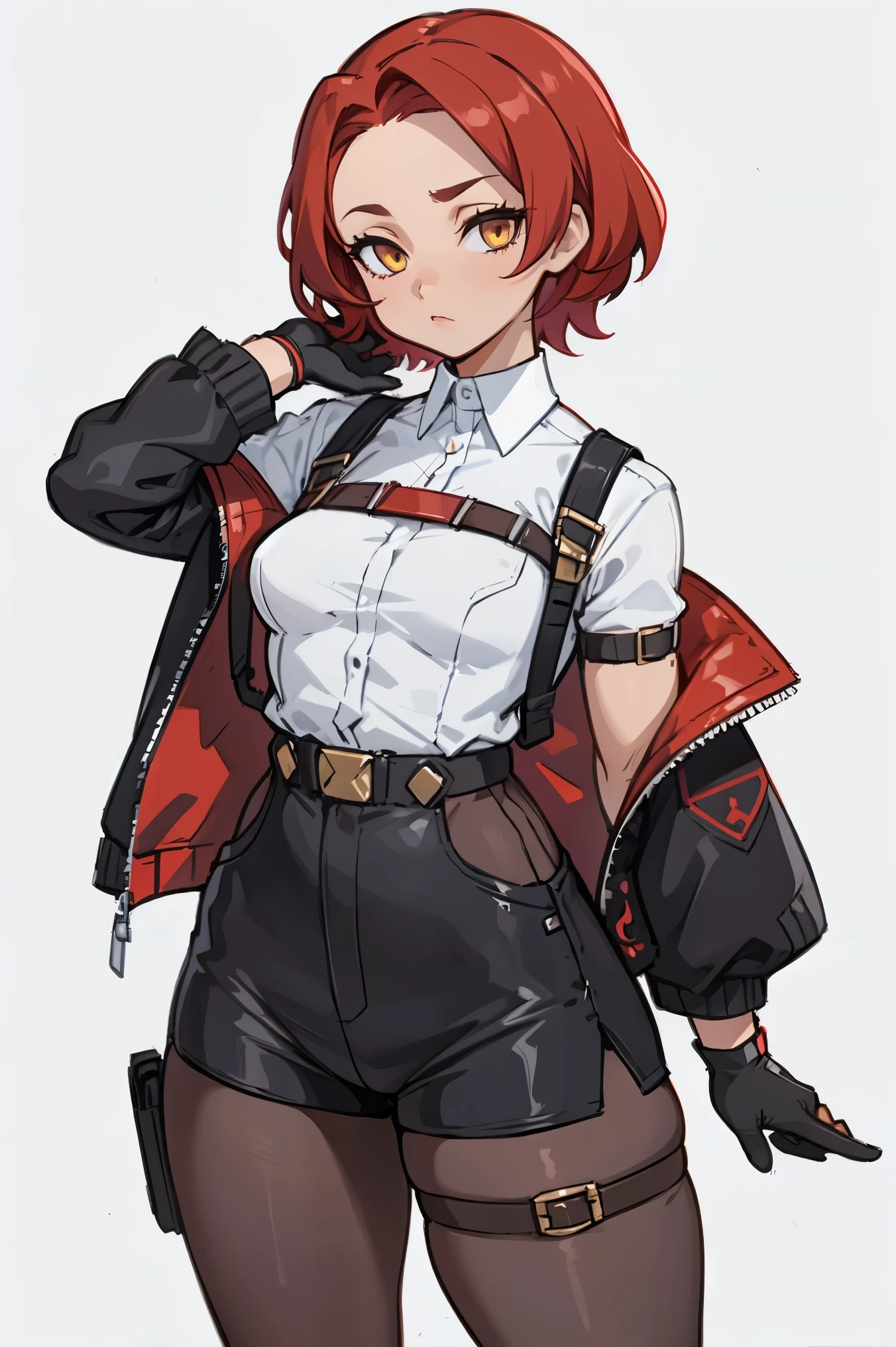 1girl, young woman, solo, short hair, Small hair, (forehead:1.2), yellow eyes, sharp ocular posture, (scarlet red hair), light brown skin tone, Athletic, muscular, medium breasts, (cropped jacket, black jacket), white shirt, collared shirt, (chest harness, shoulder strap:1.15), black leather shorts, pantyhose 7/8, garter belt, gloves, elegant, looking at viewer, grey background, masterpiece, best quality, 4k
