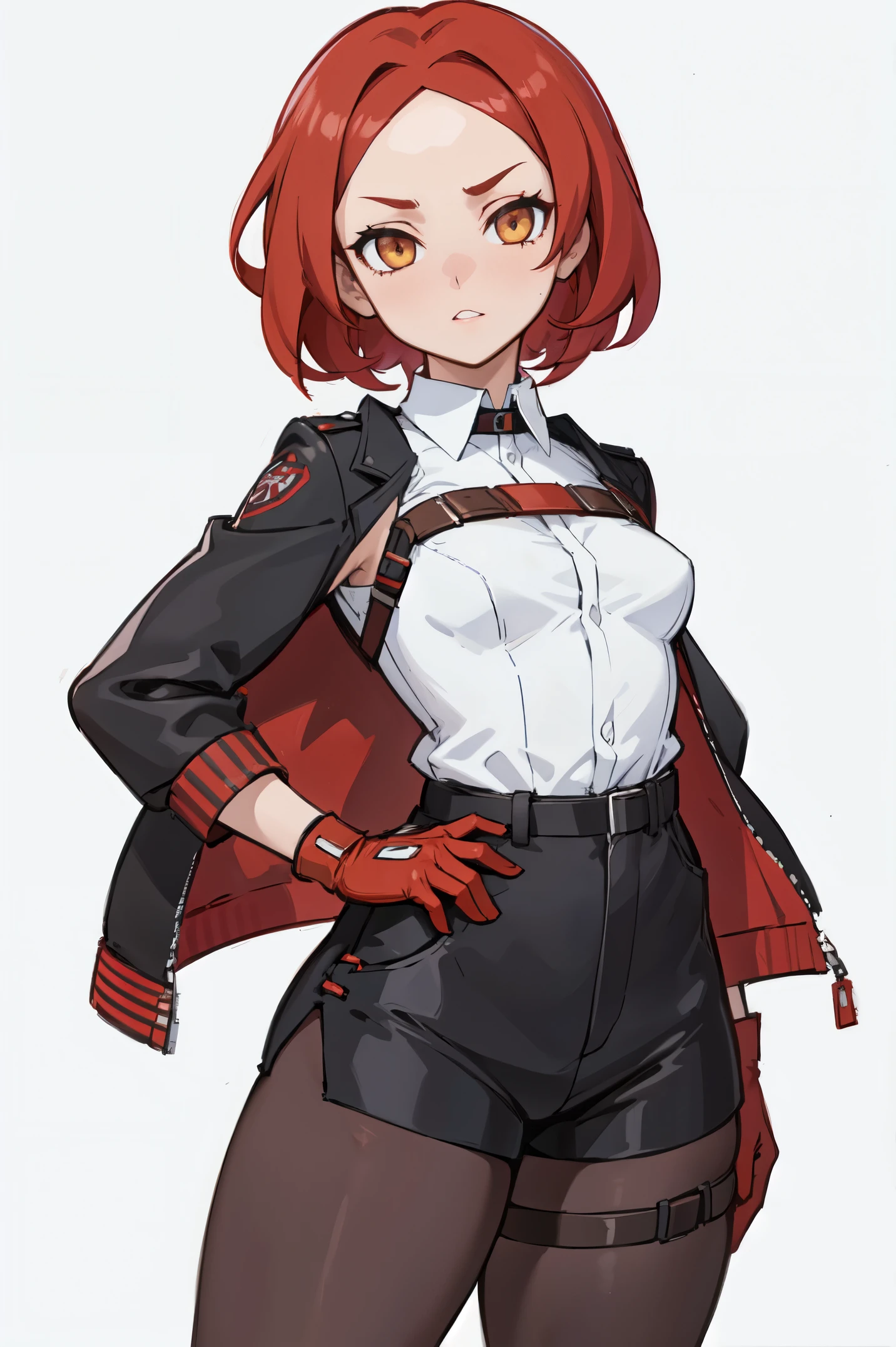 1girl, young woman, solo, short hair, Small  hair, (forehead:1.2), yellow eyes, sharp ocular posture, (scarlet red hair), light brown skin tone, Athletic, muscular, medium breasts, (cropped jacket, black jacket), white shirt, collared shirt, (chest harness, shoulder strap:1.15), black leather shorts, pantyhose 7/8, garter belt, gloves, elegant, looking at viewer, grey background, masterpiece, best quality, 4k