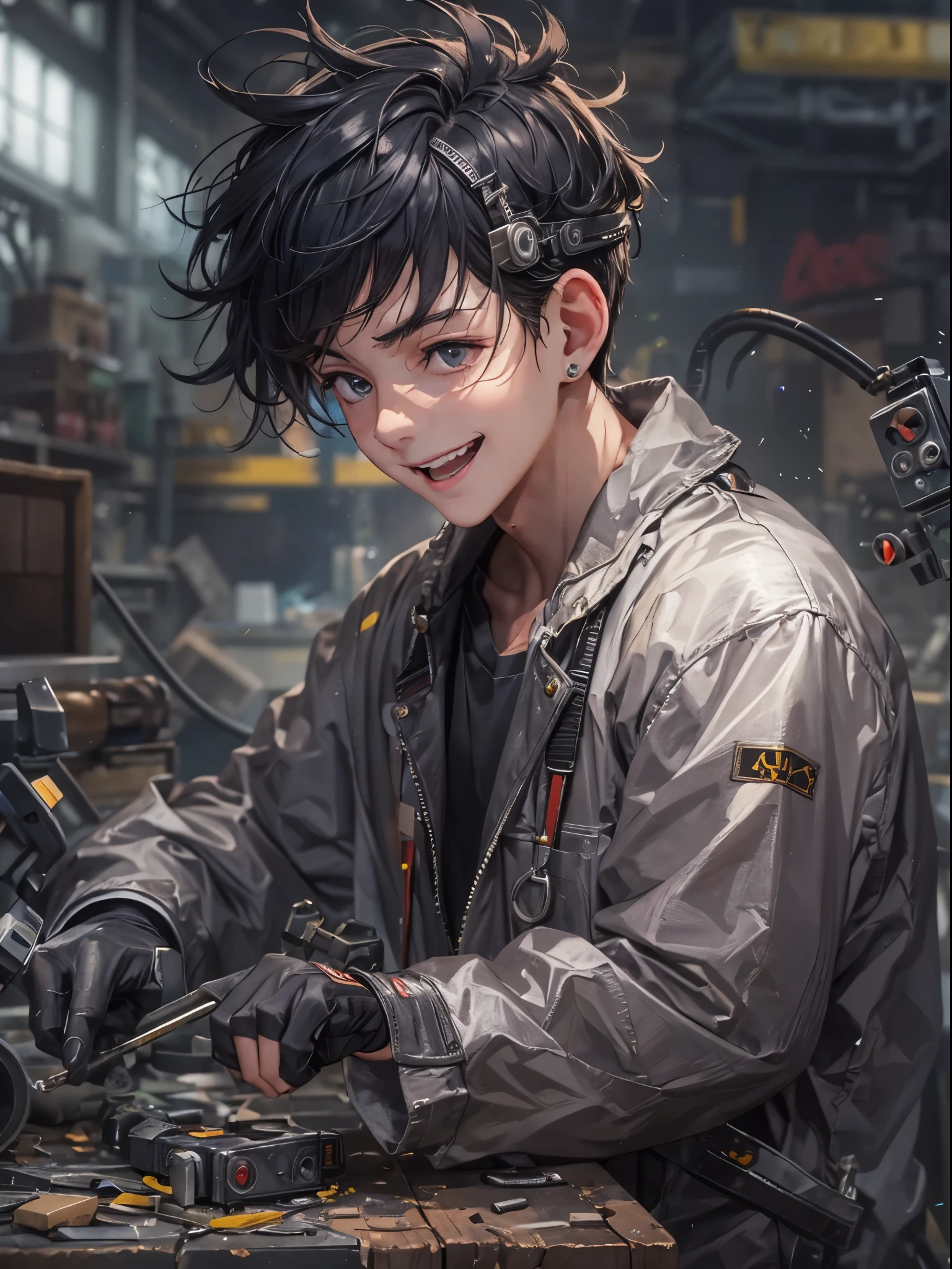 Absurd resolution, high resolution, (masterpiece: 1.4), hyper-detail, young man's messy short black hair, welder dressed up, grinning look, factory high-tech workbench, technology sense screen