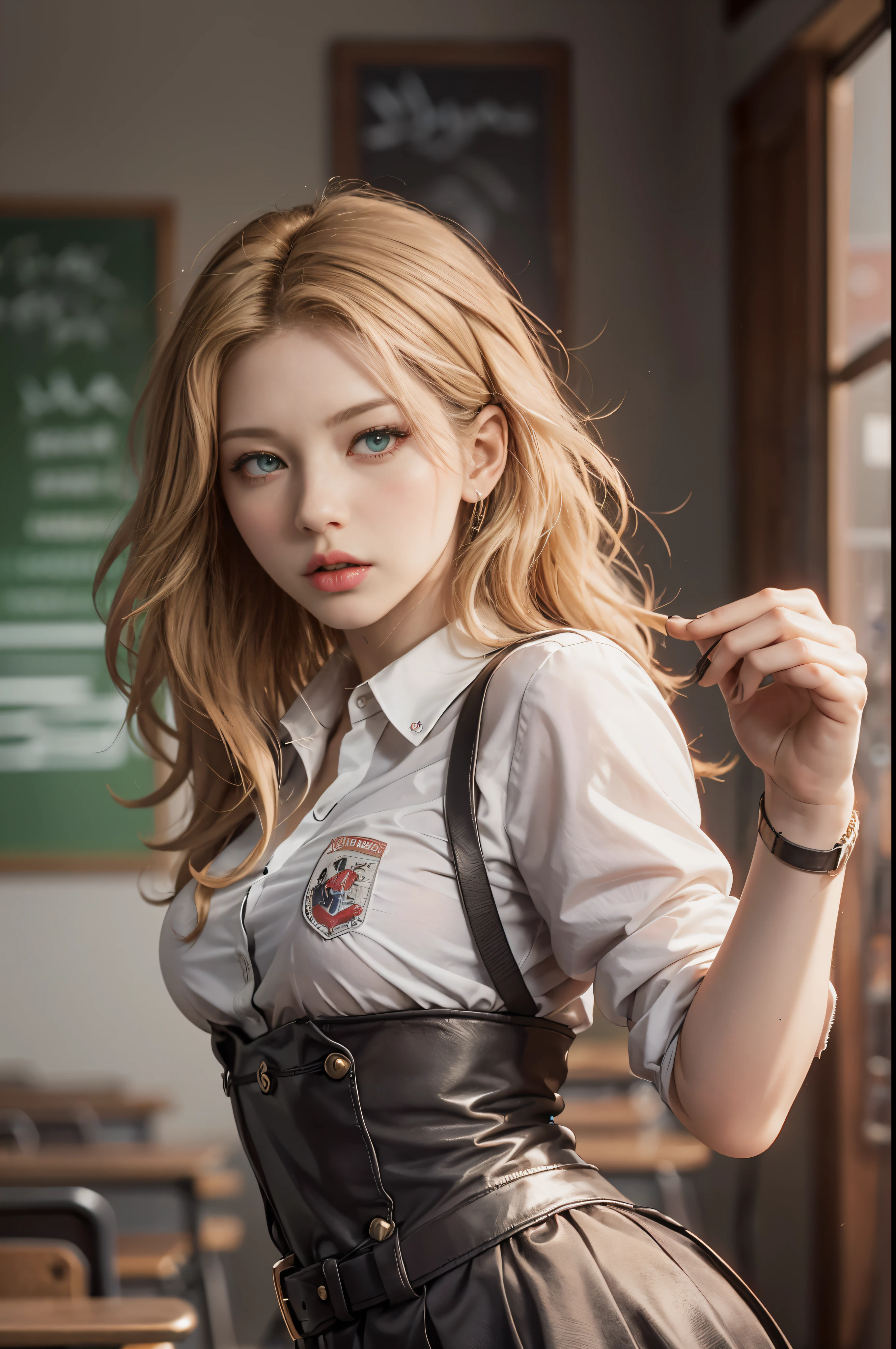 ((Loli)), obra maestra, mejor calidad, (realista, fotorrealista: 1.4), (foto RAW: 1.2), fondo de pantalla CG unity 8k extremadamente detallado, un arte oficial extremadamente delicado y hermoso, asombroso, con detalles finos, absurdos, incredibly absurdres, gran archivo , ultra detallada, extremadamente detallada, ((Katheryn Winnick: 1.3)\(Vikingos)\(Lagertha)), ojos y rostro extremadamente detallados, hermosos ojos detallados, luz en la cara, 1 girl in, cabello extra largo, ((cola de caballo)), sola, linda, mirando al espectador, (figura femenina perfecta) , cintura delgada, cuerpo completo, smal boobs, ((small breasts)), de pie, ((She wears a magnificent school uniform)), ((microfalda)), minifalda, falda a cuadros, ombligo, diafragma, camisa sin mangas, brazos desnudos, flequillo, escuela, Classroom, ulzzang-6500-v1.1, ((caderas muy anchas)), ((muslos muy gruesos))