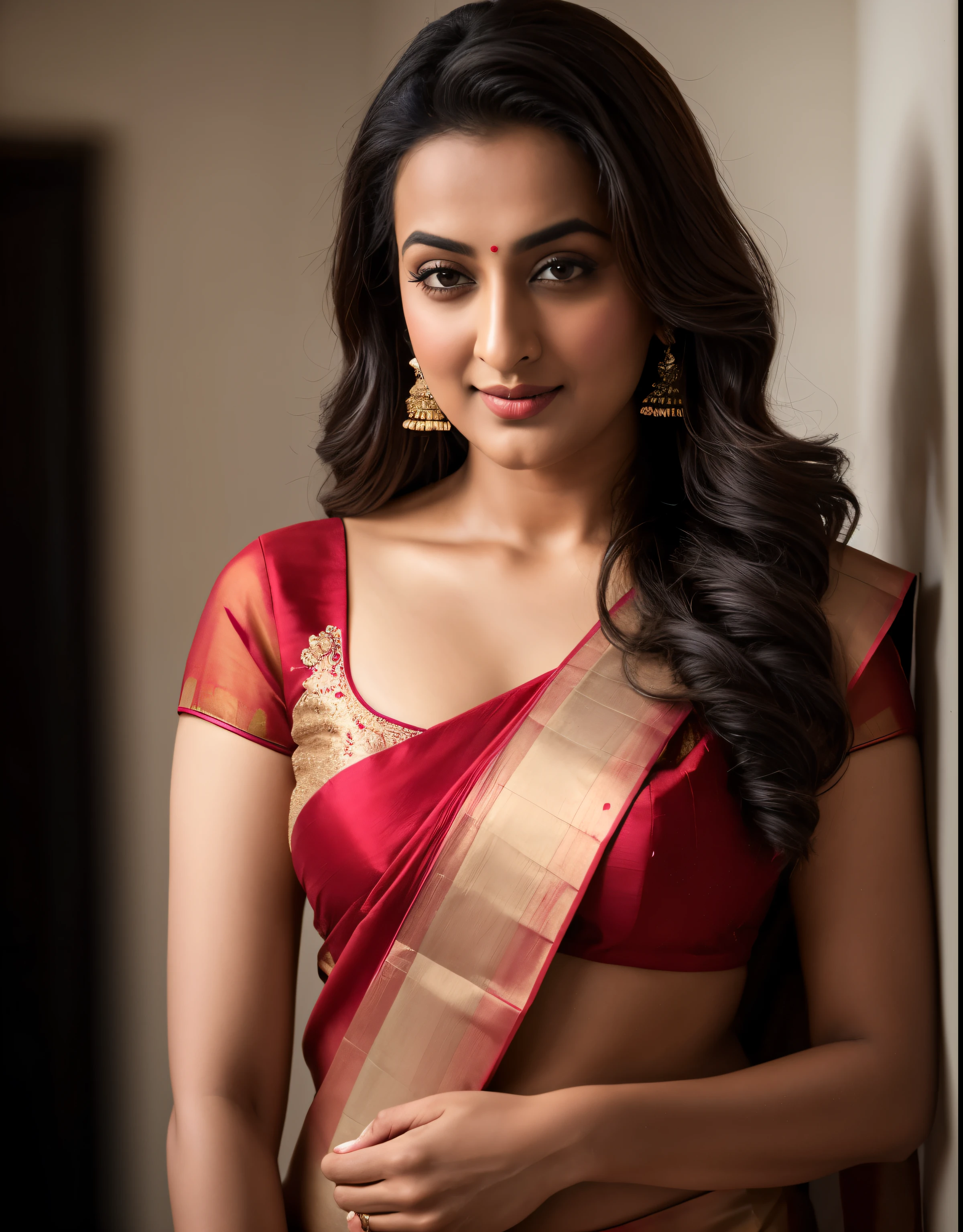 Foto RAW, photorealistic, photography, full body shot, master shot, perfect eyes, goddess like beauty, perfect thick chubby mallu Desi aunty bhabhi, Wearing a Stanapatta, a chest-band.Saree model, model Photography, Indian saree shoot, Indian traditional wear advertising photography, traditional wear brand shoot, face of Indian actress Sonakshi Sinha, masterpiece, realistic, realism, incredible details, pleasure, photorealism, detailed skin, skin pores, high contrast, photorealistic Artstation 8k HD digital art trend of high definition and detailed realistic skin texture, ultra detail, realistic skin texture, armature, best quality, ultra high definition, (photorealistic:1.4),, high resolution, detail, raw photo, Re sharp, by Lee Jefferies Nikon D850 Film Stock Photo 4 Kodak Portra 400 Camera F1.6 Lens Rich Color Ultra Real Realistic Realistic Textures Dramatic Lighting Unreal Engine Trending at Art Station Cinestill 800,(pele altamente detalhada: 1.2), 8k UHD, DSLR, soft-lighting, alta qualidade, grain of film, Fujifilm XT3,she didn't like to wear blouse or bra, she happy to wear only saree, she hates blouse or bra, detailed hairy armpits,