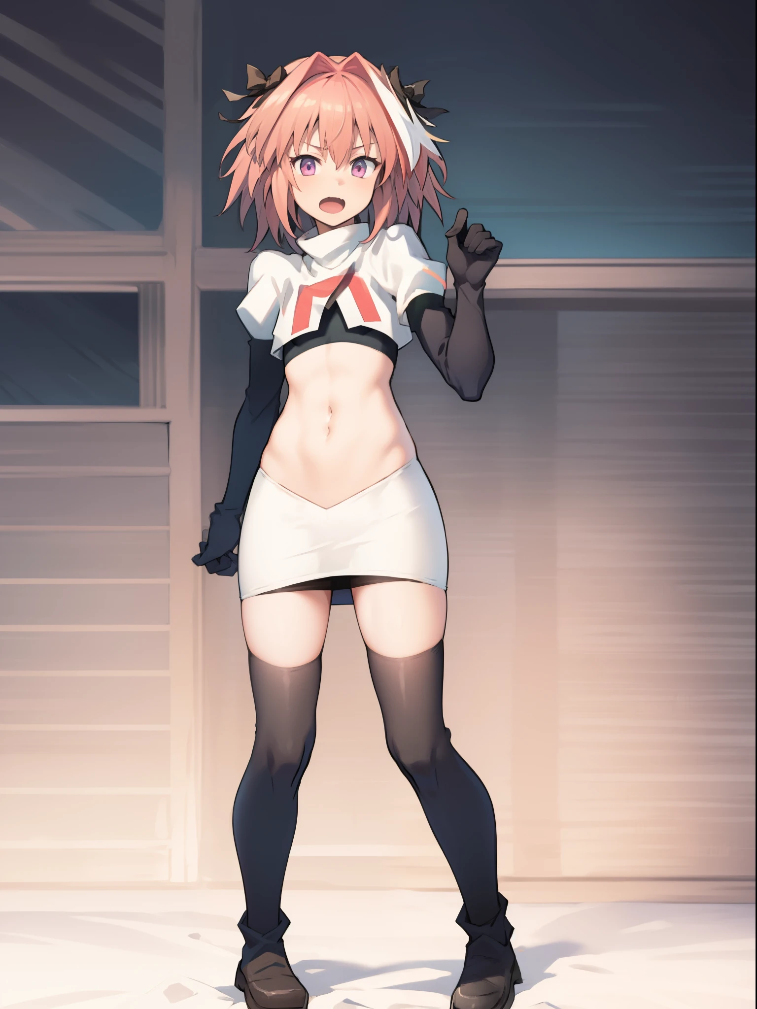 absurdres, masterpiece, best quality, (astolfo fate:1.2155), 1boy, male focus, trap, pink multicolored hair, pink hair, white hair, hair intakes, long hair, pink detailed eyes, crossdressing,1boy, team rocket,team rocket uniform, red letter R, white skirt,white crop top,black thigh-highs,black elbow gloves