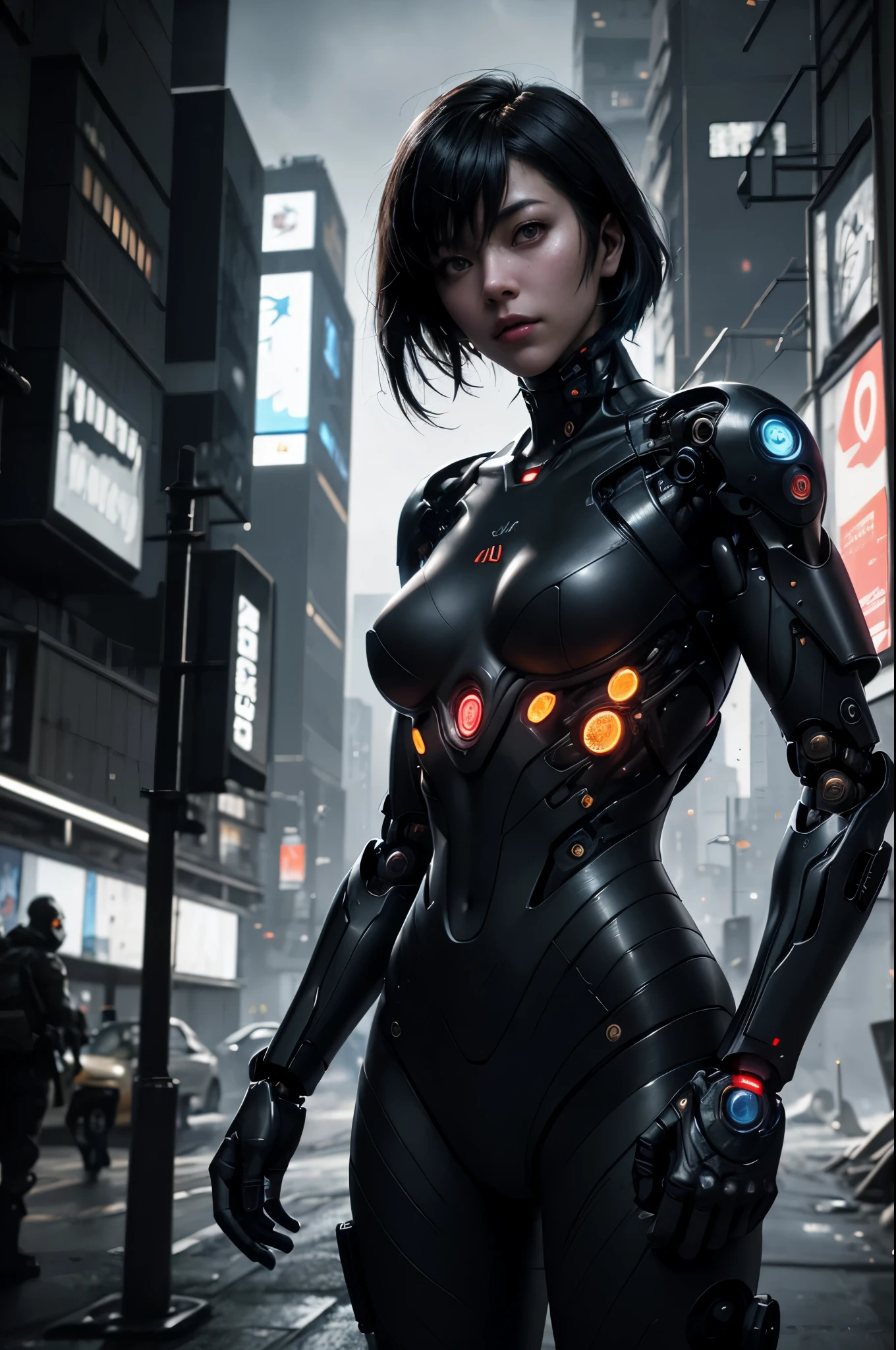 Major Motoko Kusanagi from Ghost in the Shell,(best quality,4k,8k,highres,masterpiece:1.2),ultra-detailed,(realistic,photorealistic,photo-realistic:1.37),cyberpunk,android,cyborg,hacker,humanoid,cityscape,neon lights,Virtual Reality,enhanced combat skills,alluring eyes,sharp facial features,confident expression,sleek black hair,cool cybernetic enhancements,military-grade equipment,futuristic suit,bulletproof vest,combat visor,night cityscape,single-handed pistol,posing with precision,dynamic action scene,high-tech weaponry,intricate digital interface,full-body prosthesis,corporate espionage,crime investigation,sci-fi thriller,Japanese animation style,high contrast colors,ambient lighting,technological dystopia