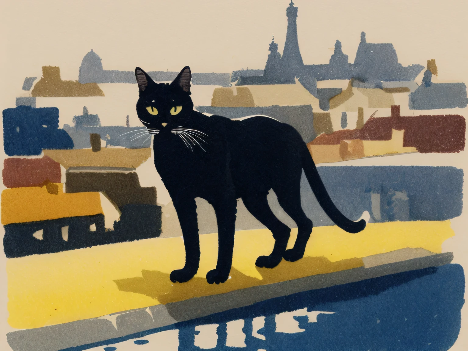 Top Cat. A detailed watercolor shows a black cat prowling the wet, slick, slated rooftops of Paris, in the pouring rain. Masterpiece, lovely composition, FML, watercolor, landscapes, nature, outdoors, art, style