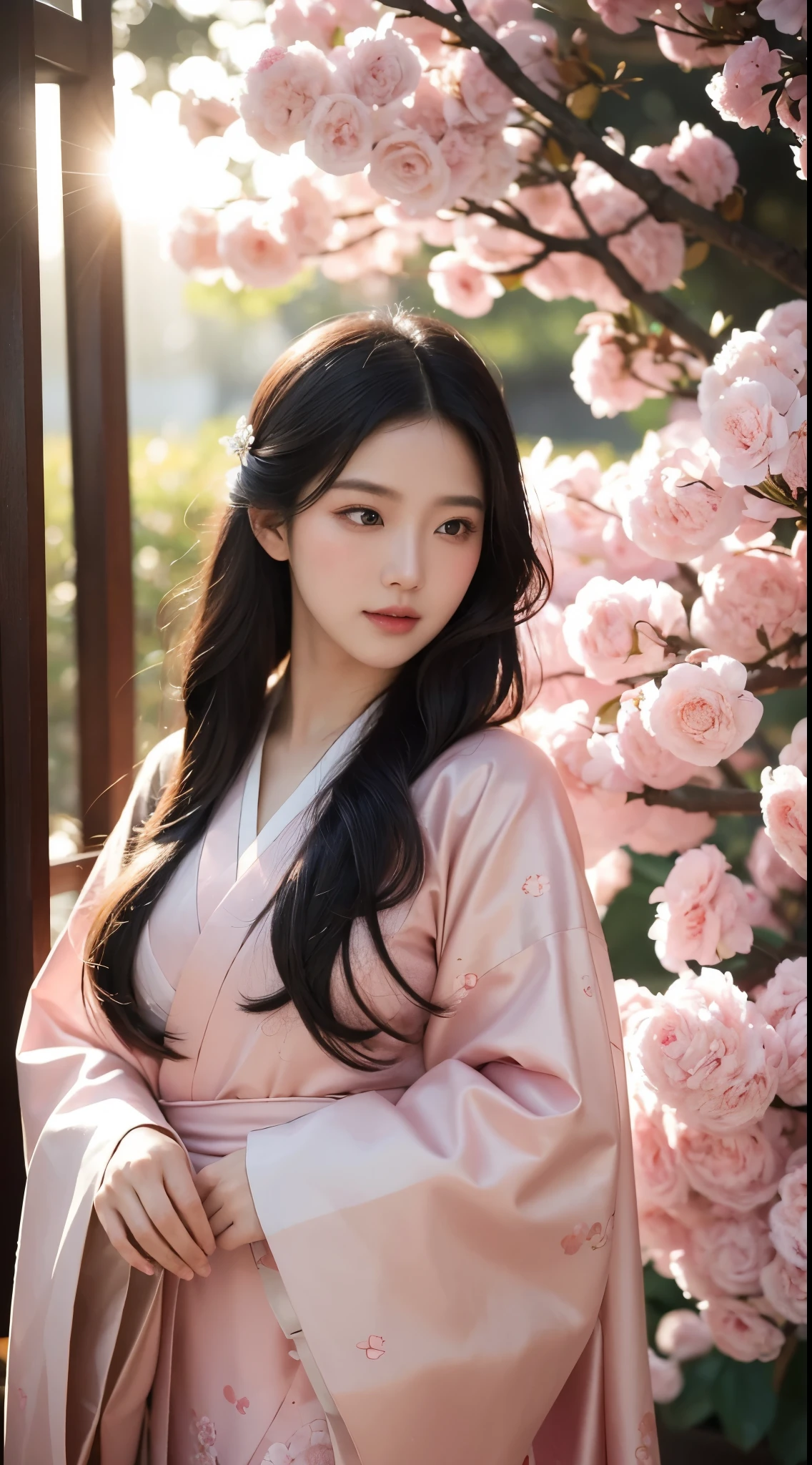 (best quality,ultra-detailed),traditional art,beautiful detailed eyes,beautiful detailed lips,black hair,long hair,kimono,graceful pose,serene expression,backlit,soft sunlight,pink petals,feminine beauty,warm color tone,cultural fusion
