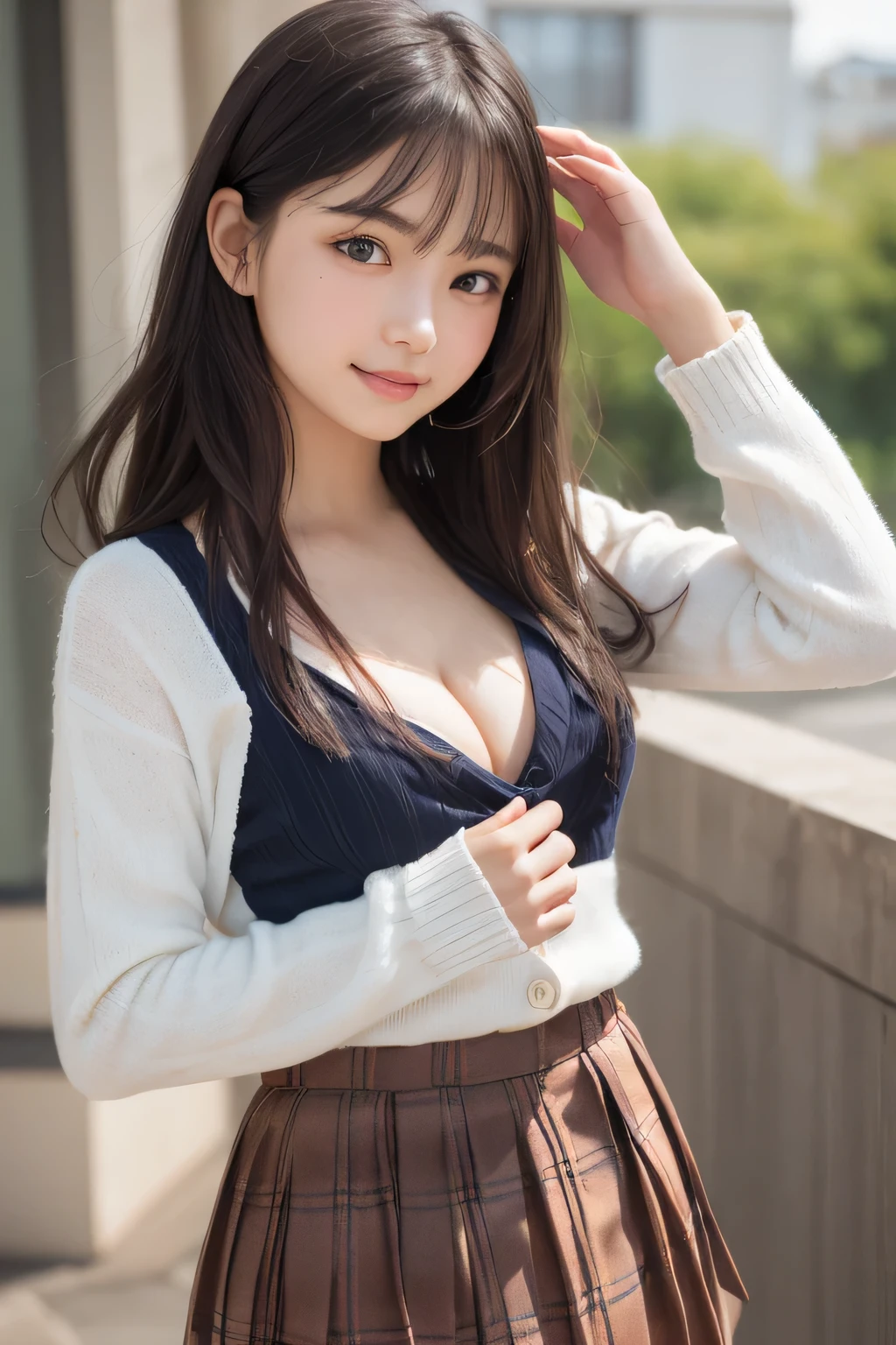 Smile、natta、Raw photography、(((Ultimate Beauty Portrait)))、((glistning skin))、1人、15 year old beautiful girl in Prague、bright expression、((brown haired))、(cleavage of the breast)、(Plaid pleated skirt:1.5)、((Big eyes that shine like jewels))、open cardigan、Open your clothes、panthyhose、Glossy glossy skin、(Medium Hair)、(Silky Ponytail Hair)、(is standing)、(frombelow)、Under the skirt、Under the skirt、(frombelow下着の接写)、eye liner、Beautiful bangs、Hair between the eyes、((masterpiece、最hightquality、ultra-detailliert、Film Light、intricate-detail、hight resolution、ighly detailed))、细致背景、8KUHD、Digital SLR、Soft light、hightquality、Film grain、FujifilmXT3 、Shallow depth of field、natural soft light、Kamimei、Lush bust