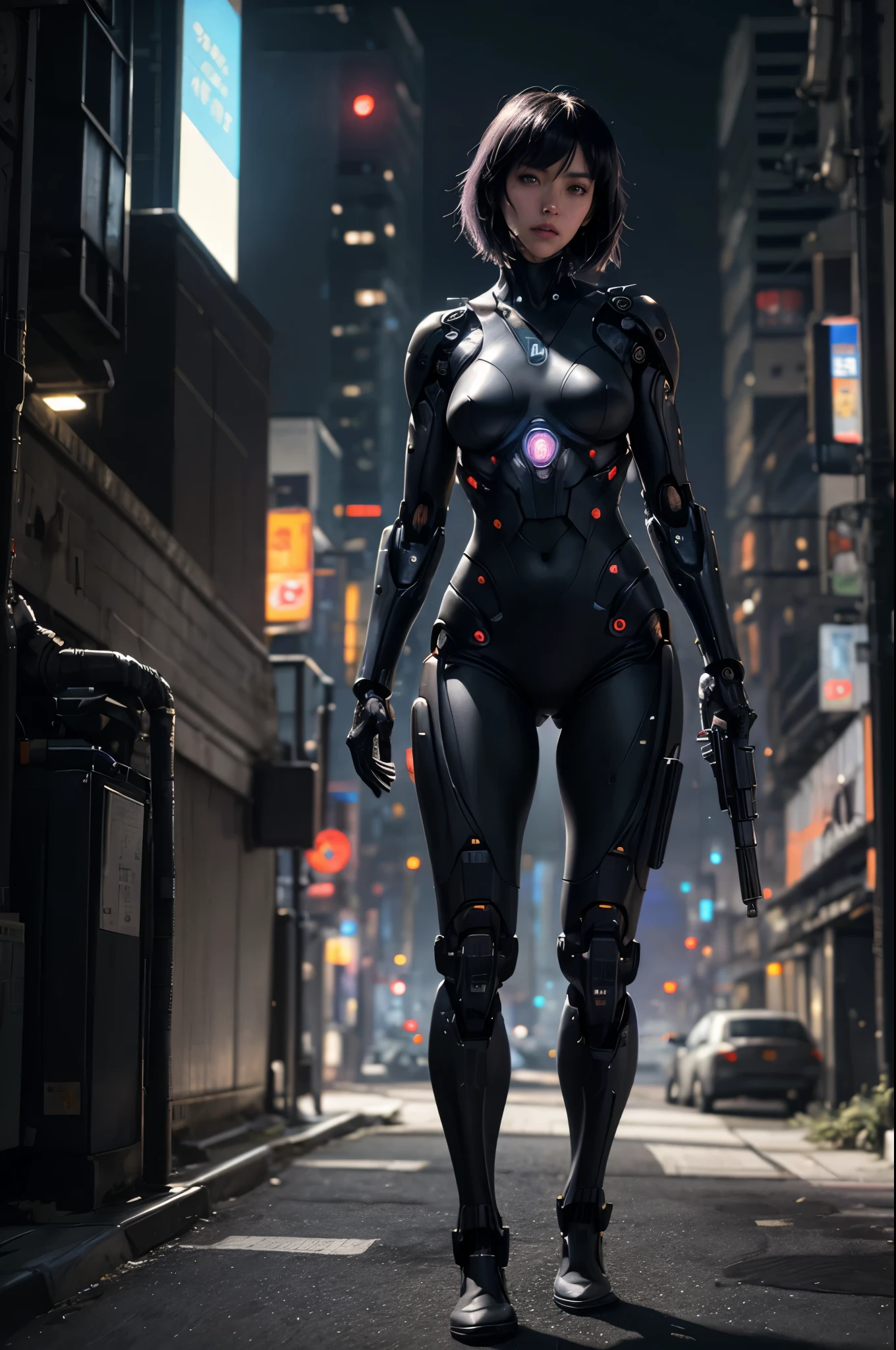 Major Motoko Kusanagi from Ghost in the Shell,(best quality,4k,8k,highres,masterpiece:1.2),ultra-detailed,(realistic,photorealistic,photo-realistic:1.37),cyberpunk,android,cyborg,hacker,humanoid,cityscape,neon lights,Virtual Reality,enhanced combat skills,alluring eyes,sharp facial features,confident expression,sleek black hair,cool cybernetic enhancements,military-grade equipment,futuristic suit,bulletproof vest,combat visor,night cityscape,single-handed pistol,posing with precision,dynamic action scene,high-tech weaponry,intricate digital interface,full-body prosthesis,corporate espionage,crime investigation,sci-fi thriller,Japanese animation style,high contrast colors,ambient lighting,technological dystopia