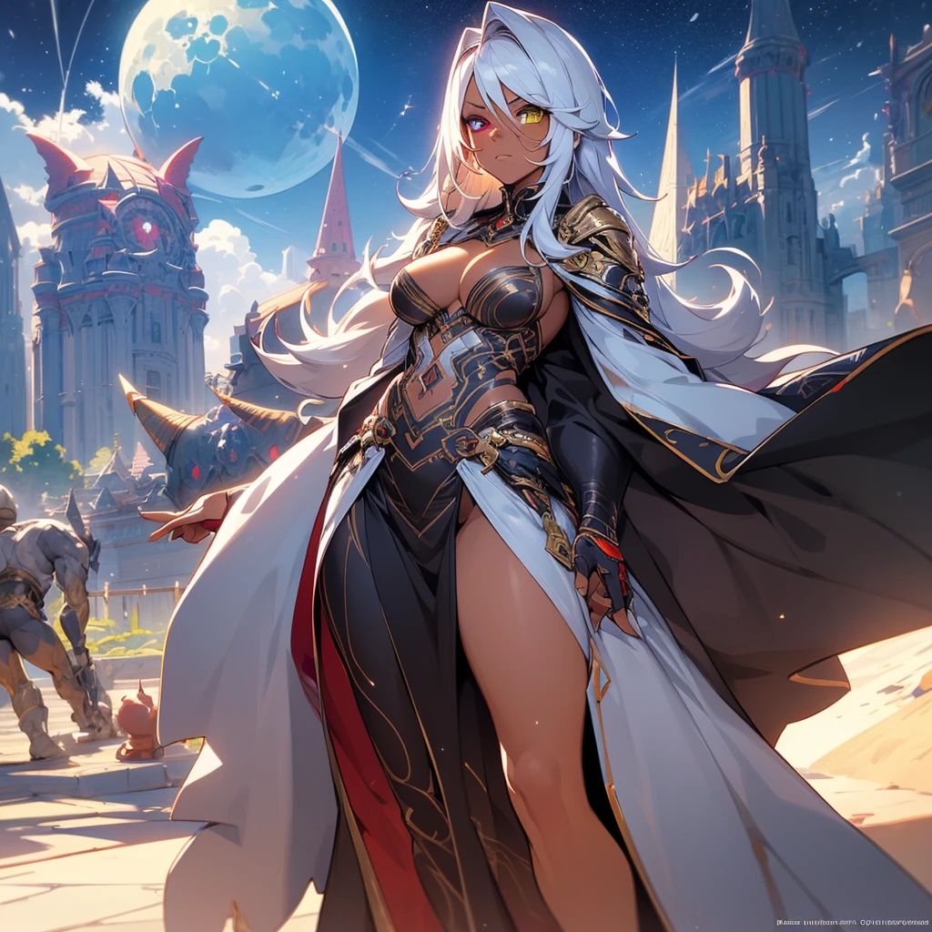 (((masterpiece))), (((best quality))), ((8k)), ((ultradated)), (1 dark-skinned human female: 1.2), (white hair 1.3), (( (Heterochromia, in the eyes, red and yellow: 1.2))),(((Official art, masterpiece, ultra-detailed))), (((best quality: 1.2, intricate details, ultra-detailed) high: 1.2))), (sexy body 1.1), latex suit, cleavage, custom style, model photo, starry sky, moon, cinematic shot, natural light, light particles,