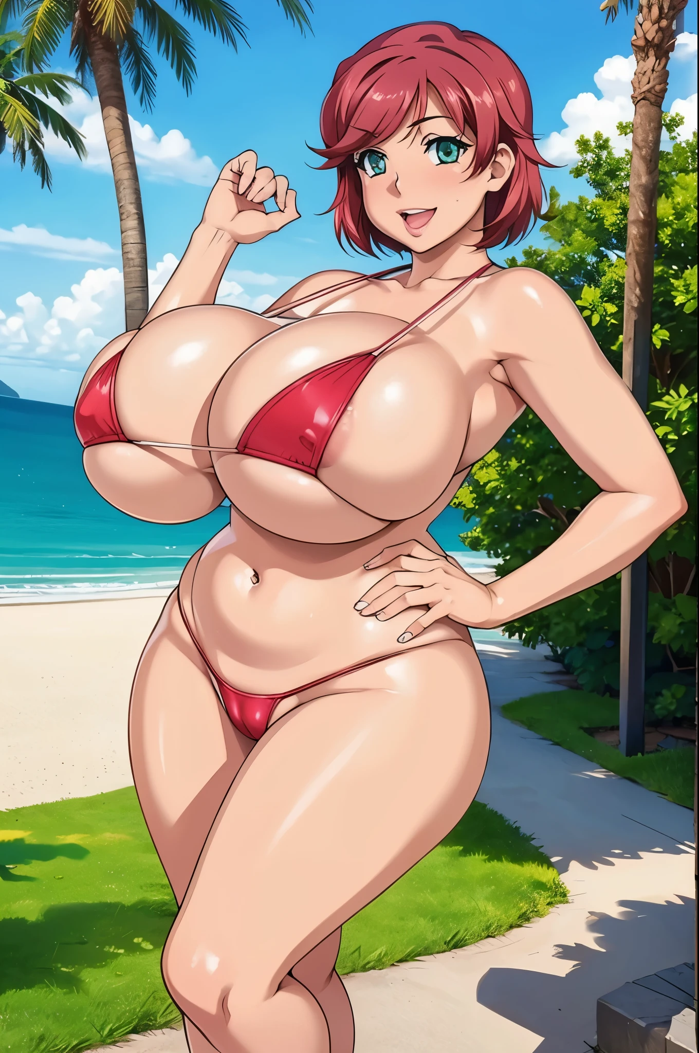 Resort boin art style, Nao Lihara, anime, 1girl, (((bimbo))), green eyes, short red hair, puffy lips, painted lips, thick lips, wide hips, thick thighs, big breast, huge ass, revealing cleavage, erotic, erotic smile face, open mouth, bubble butt, camel toe, oily shiny skin, breasts, huge breasts, white bikini, beach, revealing cleavage, legs, breasts posing, stiff nipples,