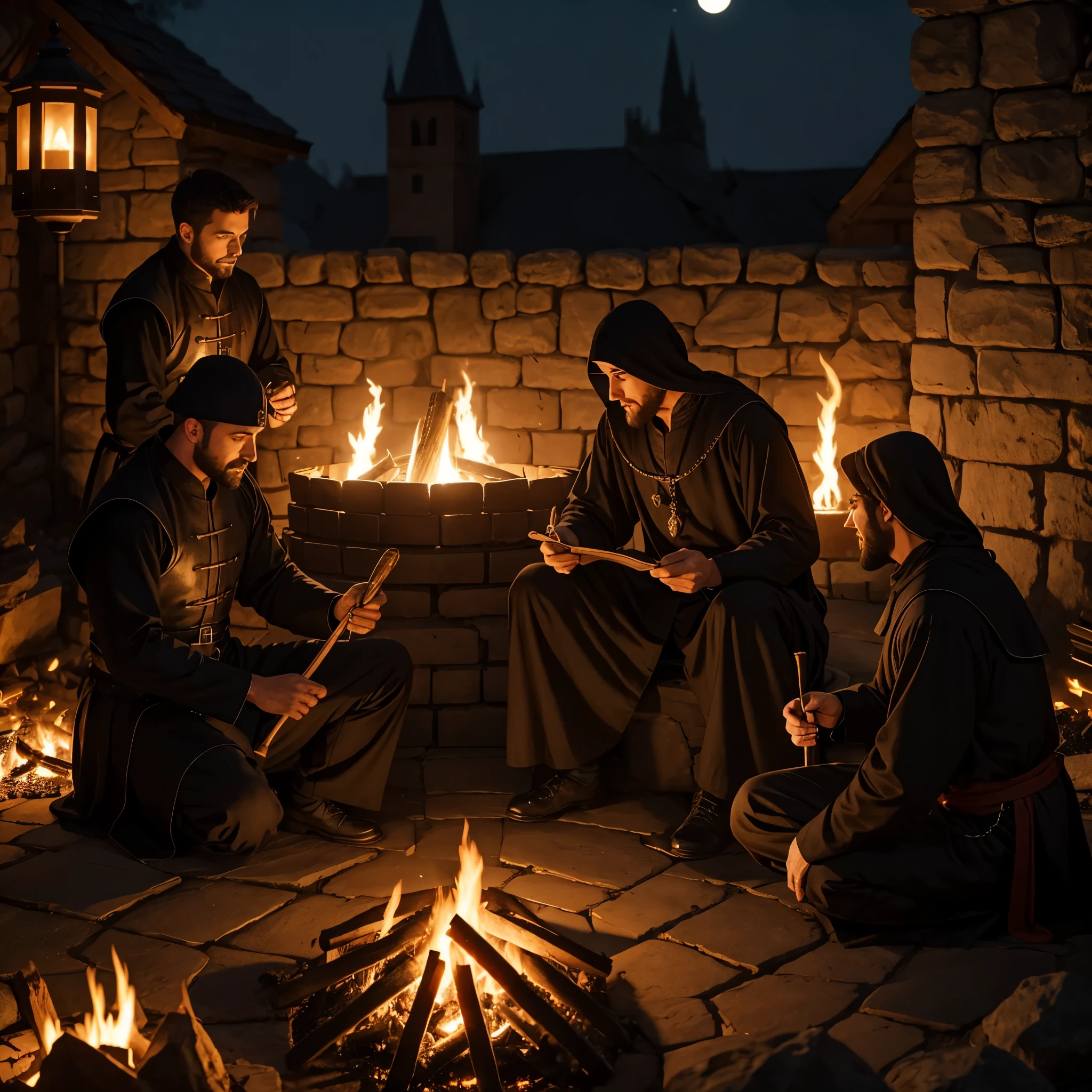 a brotherhood around the fire, sparks in the air, full moon, black clothes and tunics, medieval