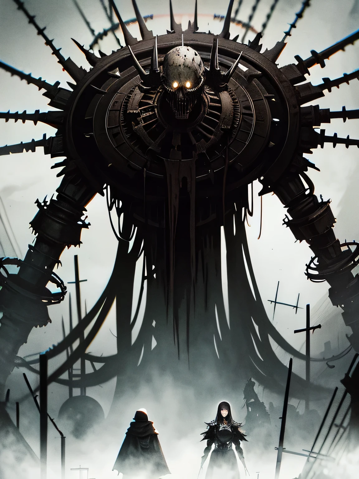 horror art, A gloomy world, Dark Fantasy, Portrait, dark machine gun girl, ((dark brown skin)), sharp white helmet, dark mechanisms, ((massive rings on hands)), (holding a massive needle), a lot of black liquid, Distortion, abandoned world, (highly detailed abandoned medieval cityscape), grey mist