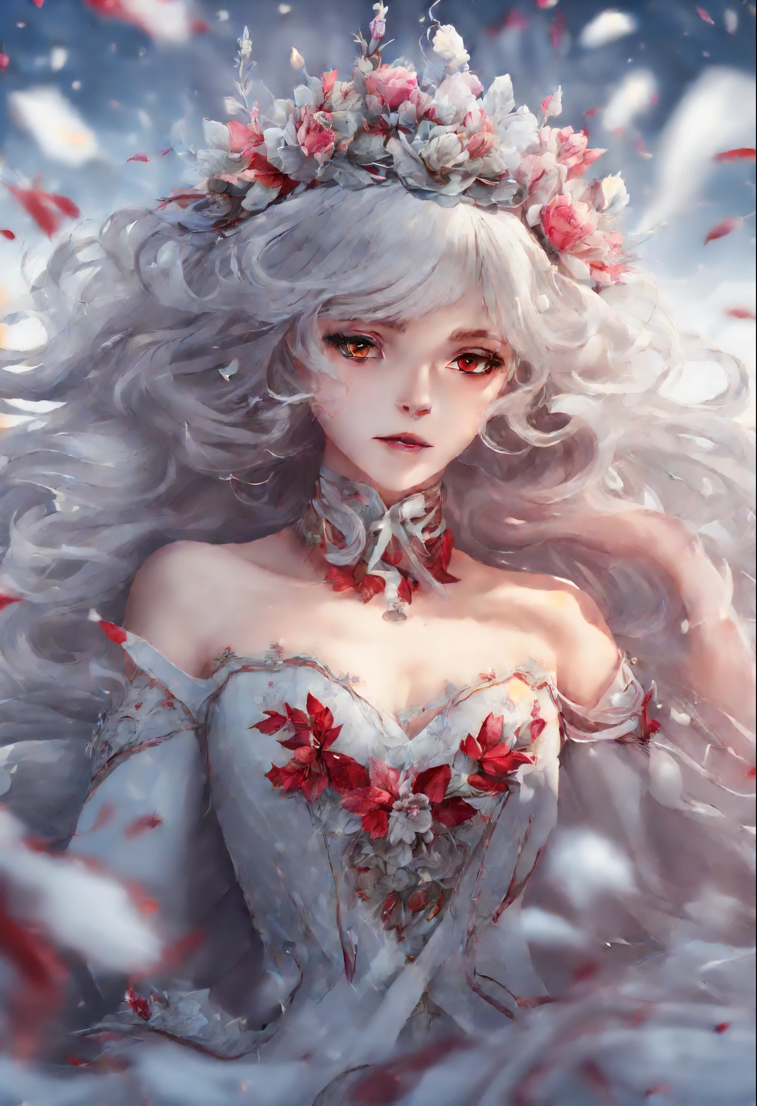 {{masterpiece}},best quality,highly detailed,extremely detailed CG unity 8k wallpaper,illustraction, 1girl, red eyes, wavy silver hair, pointy ears, vampire, dress, necklace, hair flower, snow, ice, full body, shot,high close up, highly detailed,center frame,sharp focus, looking at viewer, floting hair,