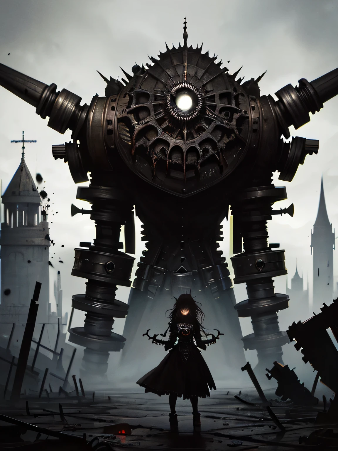 horror art, A gloomy world, Dark Fantasy, Portrait, dark machine gun girl, ((dark brown skin)), sharp white helmet, dark mechanisms, ((massive rings on hands)), (holding a massive needle), a lot of black liquid, Distortion, abandoned world, (highly detailed abandoned medieval cityscape), grey mist