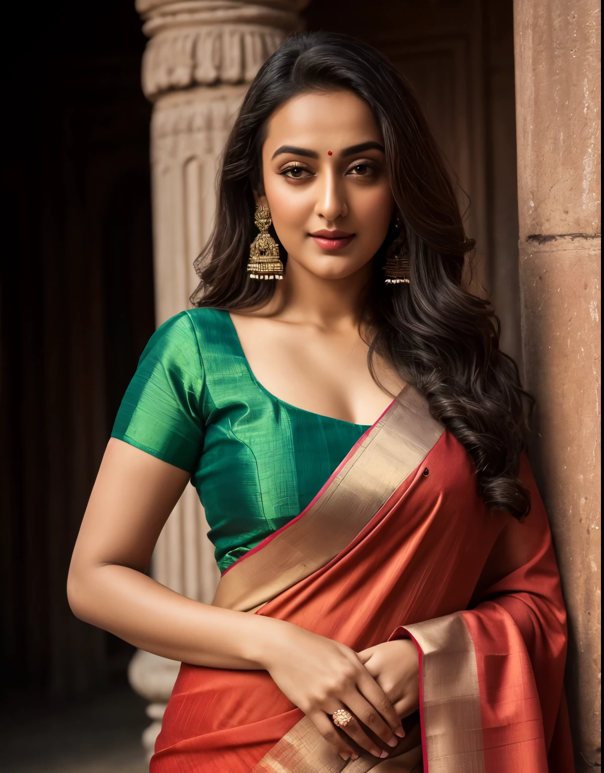 Foto RAW, photorealistic, photography, full body shot, master shot, perfect eyes, goddess like beauty, perfect thick chubby mallu Desi aunty bhabhi, Wearing a Stanapatta, a chest-band.Saree model, model Photography, Indian saree shoot, Indian traditional wear advertising photography, traditional wear brand shoot, face of Indian actress Sonakshi Sinha, masterpiece, realistic, realism, incredible details,  pleasure, photorealism, detailed skin, skin pores, high contrast, photorealistic Artstation 8k HD digital art trend of high definition and detailed realistic skin texture, ultra detail, realistic skin texture, armature, best quality, ultra high definition, (photorealistic:1.4),, high resolution, detail, raw photo, Re sharp, by Lee Jefferies Nikon D850 Film Stock Photo 4 Kodak Portra 400 Camera F1.6 Lens Rich Color Ultra Real Realistic Realistic Textures Dramatic Lighting Unreal Engine Trending at Art Station Cinestill 800,(pele altamente detalhada: 1.2), 8k UHD, DSLR, soft-lighting, alta qualidade, grain of film, Fujifilm XT3,she didn't like to wear blouse or bra, she  happy to wear only saree, she hates blouse or bra, detailed hairy armpits,