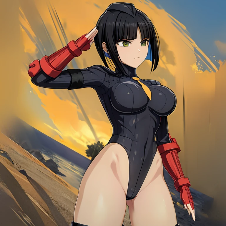ultra-detailed, Explicit, Beautiful body, Beautiful Nose, Beautiful character design, perfect eyes, perfect face, ultra highres, 4K, beautiful legs, perfect legs, Nice hands, Perfect hand, Masterpiece, Best Quality, Highly detailed, illustration, absurdres, street fighter, doll suit, shadaloo doll, dollsuit, girls, multiple girls, expressionless, blank eyes, looking at viewer, red gloves, emotionless, black latex, corrution, mind control, female combatant, full body, hypnotized, unhappy trance, full body suit, ribbed bodysuit, both arms at side, obey, perfect female body, extremely glossy latex, hypnosis, hypnoLora, empty eyes, Mind control device, poses, submissive_pose, Slave, hat, necktie, stand up straight, standing, standing at attention, hat, necktie, belt, latex, ribbed bodysuit, brown hair, thighhighs, garter belt, Fighting Stance, extending the right arm from the shoulder into the air with a straightened hand, nazi saluting, military, military saluting, salute, thigh boots, eines, golden eyes, black hair, short hair, Dolphin Wave