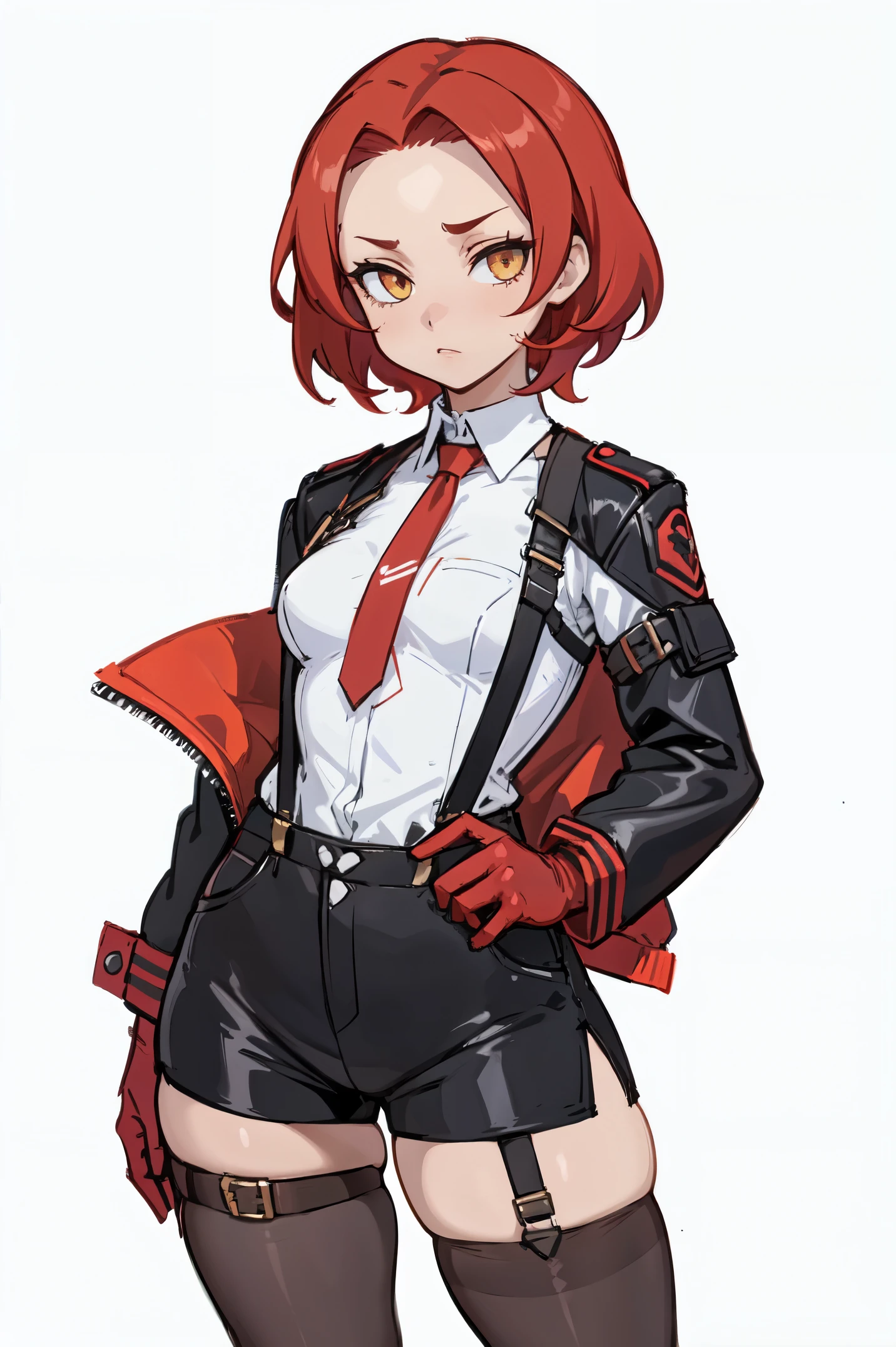 1girl, young woman, solo, short hair, Small  hair, (forehead:1.2), yellow eyes, sharp ocular posture, (scarlet red hair), light brown skin tone, Athletic, muscular, medium breasts, (cropped jacket, black jacket), white shirt, collared shirt, (chest harness, shoulder strap:1.15), black leather shorts, pantyhose 7/8, garter belt, gloves, elegant, looking at viewer, grey background, masterpiece, best quality, 4k
