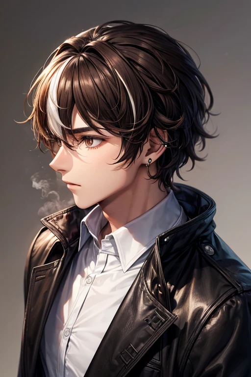 man, 20 years old, brown and white medium split hair, white streak, brown eyes, black overcoat, ear piercings